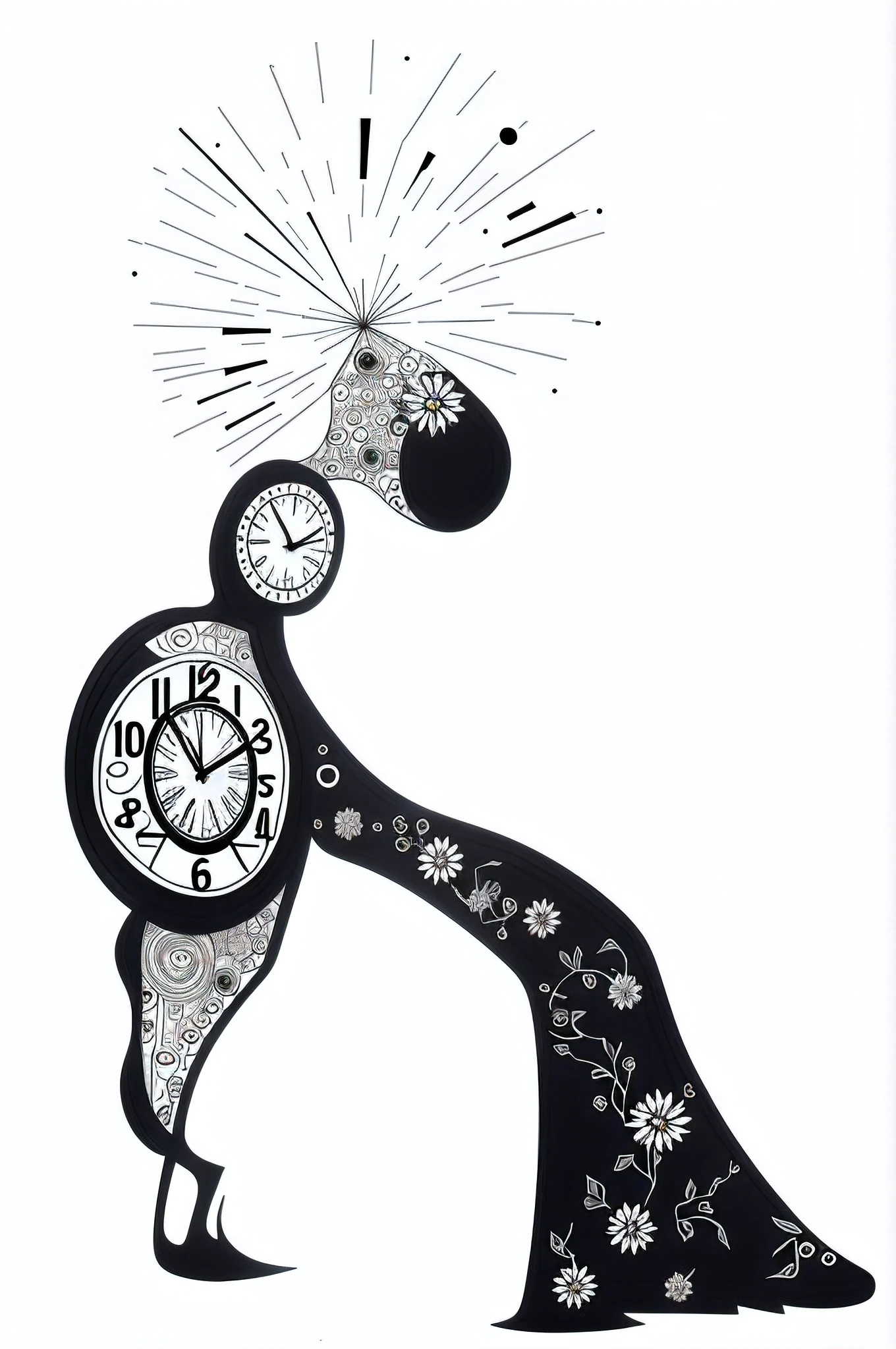 There is a drawing of a woman with a watch in her hand, o fluxo do tempo. formas complexas, illusion of bent time, preso no fluxo do tempo, o tempo se arrastando por muito tempo, clockwork woman, automatismo intrincado, A passagem do tempo, time does not exist anymore, arte a tinta, Deusa do Tempo, evening time, A passagem do tempo