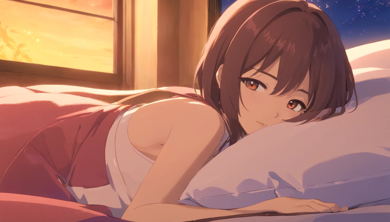 (masuter piece)、(best qualtiy)、(super detailing)、(well-groomed hair)、(illustratio)、(1girl in)、(detailedbackground)、Delicate beautiful face、(High color saturation)、Focus on the face、A dark-haired、bangss、movement、shorth hair、pixiv illustration、best qualtiy、super detailing、美丽的面容、4K、、top-quality、Blush cheeks、in 8K、Very beautiful night view、amazing composition、a bed、morpheus、Extremely beautiful girl、Sleeping face、Tank Tops、鎖骨