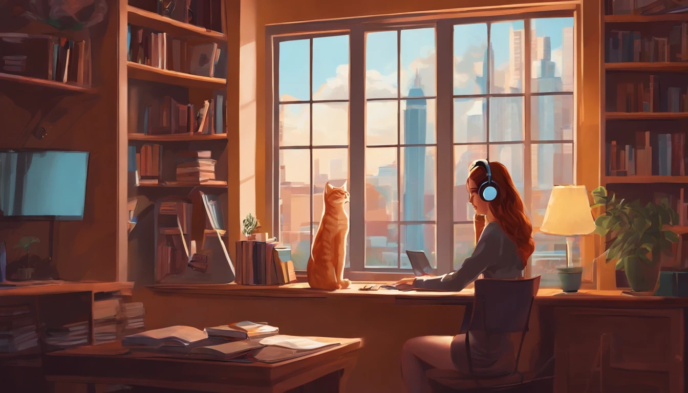 There is a woman sitting at a desk with a cat looking out the window ...