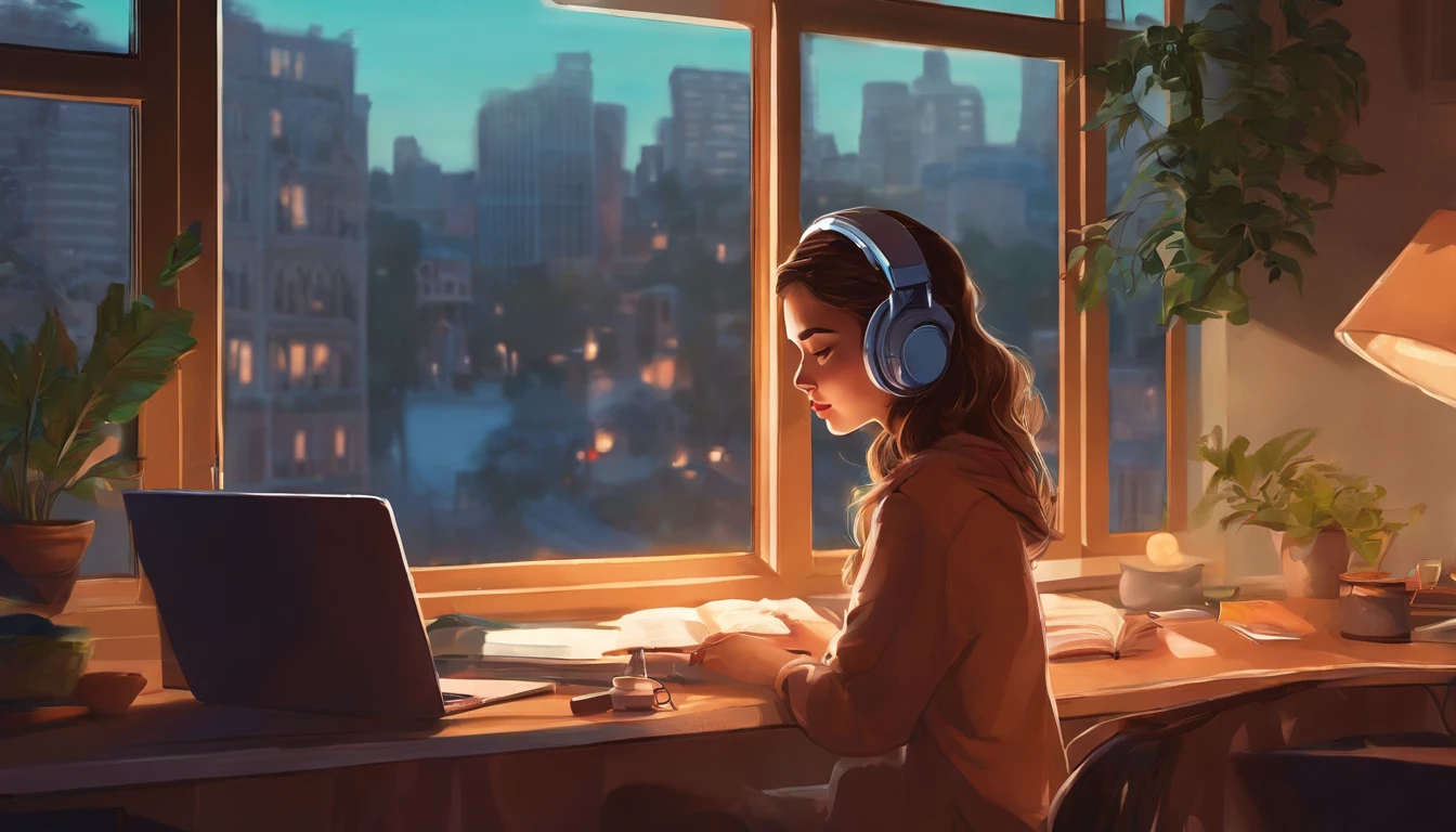 beautiful girl, studying in room, with headphones, with cat, window with city, lo-fi illustration style.