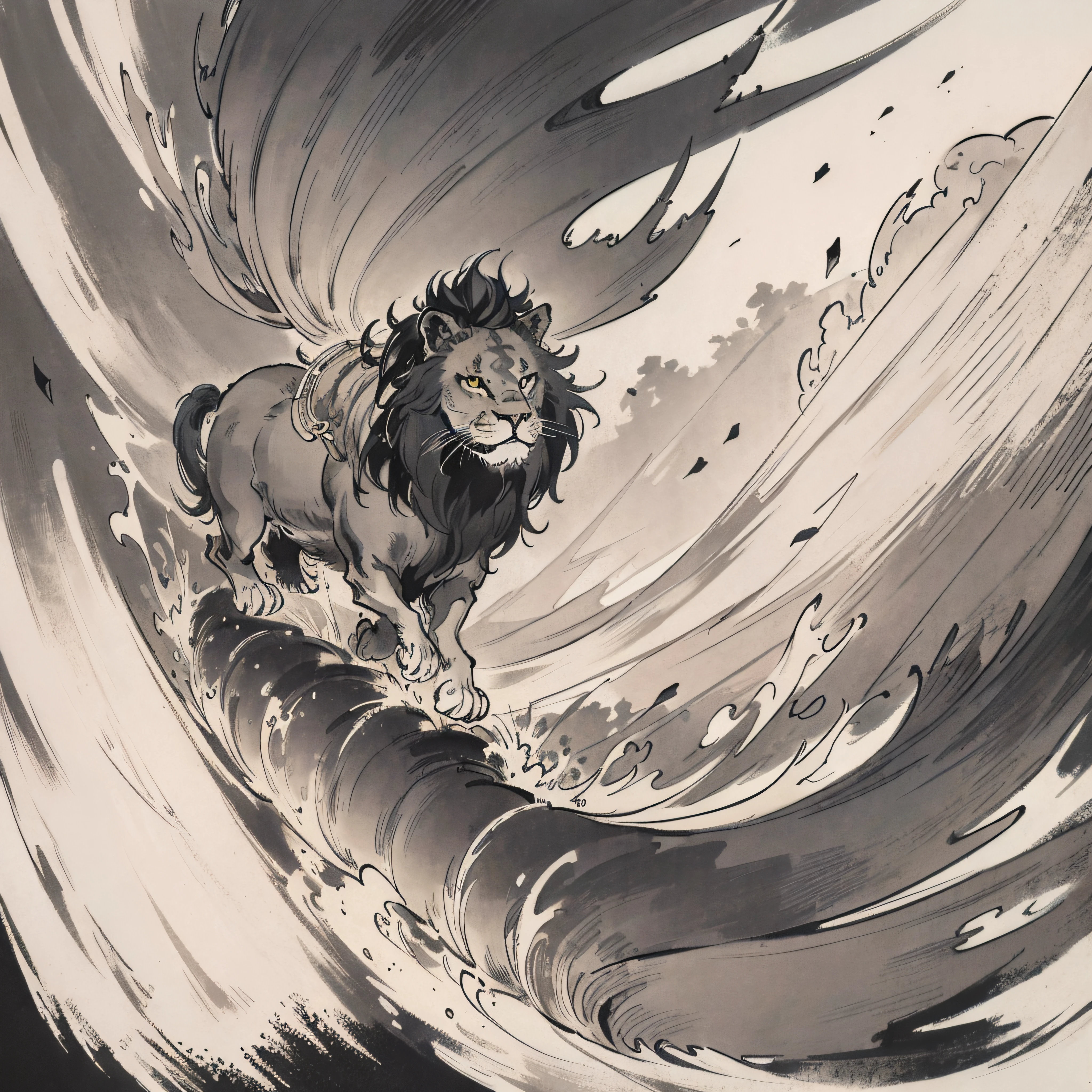 Draw even the texture of Japanese paper、Black and white woodblock prints in ink。Lion running in the forest、