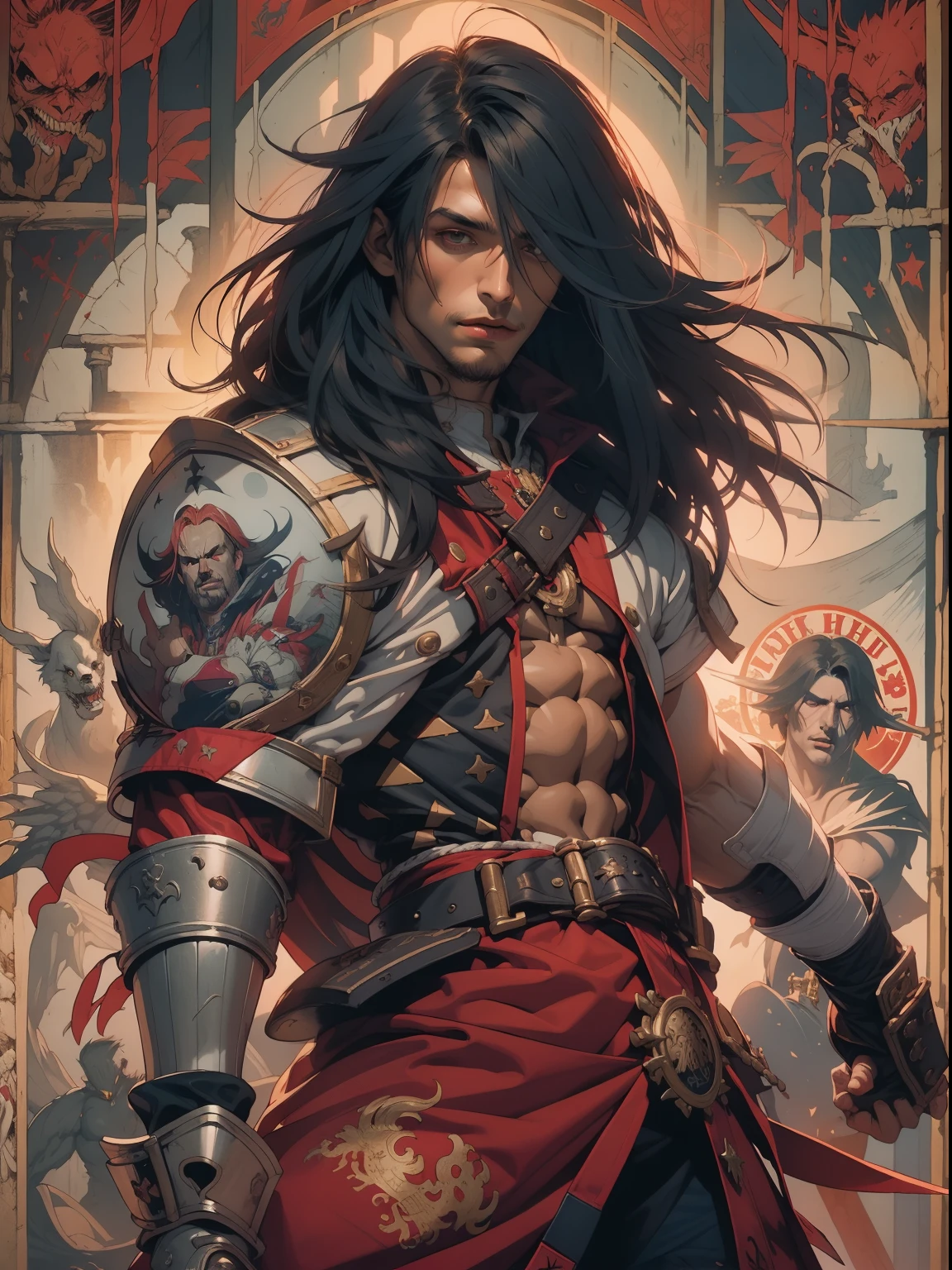 (((homem))), (((melhor qualidade))), (((obra prima))), (((adulto))), (((ung man))), ((( corte de cabelo bob ))), Um vampiro alucard, castlevania, de 25 anos com corpo perfeito, shoulder pads with metal spines, Gladiadores do Brooklyn, (( corte de cabelo bob )), tiny leather panties, camiseta de time de rugby rasgada, quase nua no estilo selvagem urbano de Simon Bisley para a capa da revista Heavy Metal, Cabelo loiro curto, Minimum clothing, Metal protection on the left arm with intricate graphics, Dark red with white stars and white and navy blue checkerboard pattern, armadura, cheio de pontas e rebites, (((do joelho pra cima))), cabelos loiro branco curto, no fundo uma parede pintada por Shepard Fairey com um design intrincado