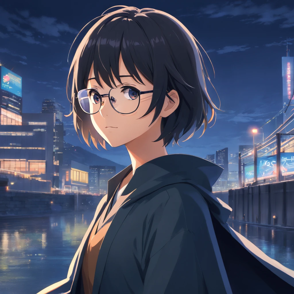 obra-prima, melhor qualidade, (best quality,4k,highres,masterpiece:1.2),ultra-detailed,basic glasses,(realistic,photorealistic,photo-realistic:1.37),boy in the dark,lonely man,(no background),thin,non-muscular,black cape,gloves,boots,sword,black background,predominantly black,shades of black