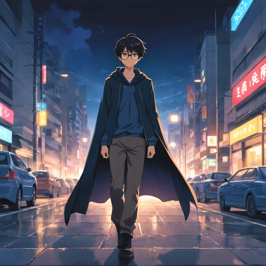 obra-prima, melhor qualidade, (best quality,4k,highres,masterpiece:1.2),ultra-detailed,basic glasses,(realistic,photorealistic,photo-realistic:1.37),boy in the dark,lonely man,(no background),thin,non-muscular,black cape,gloves,boots,sword,black background,predominantly black,shades of black