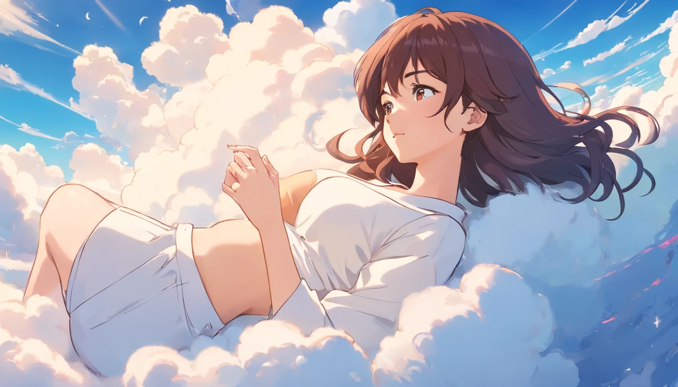 comic strip, mesmerising mature woman lying on beautiful fluffy clouds in the sky, tall woman, (adult woman:1.4), (mature face:1.4), red lipstick, make-up, huge breasts, On thick clouds such as marshmallows, adult pajamas, Detail enhancement, 8K, super-fine, concept-art, number art