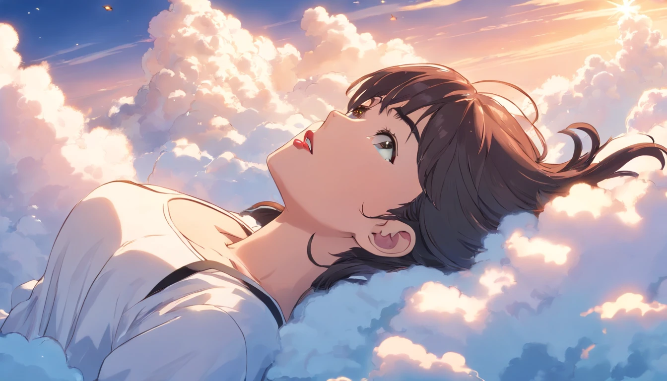 comic strip, mesmerising mature woman lying on beautiful fluffy clouds in the sky, tall woman, (adult woman:1.4), (mature face:1.4), red lipstick, make-up, huge breasts, On thick clouds such as marshmallows, adult pajamas, Detail enhancement, 8K, super-fine, concept-art, number art