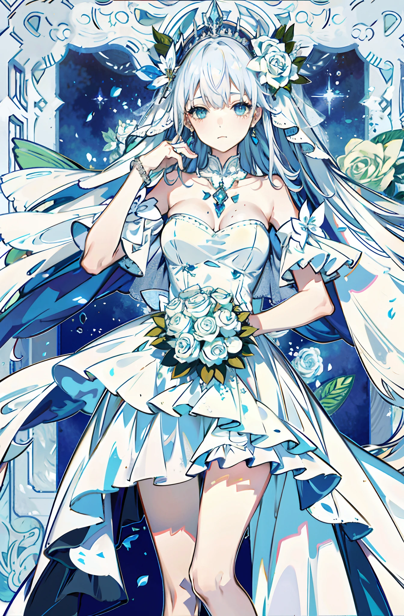 silber hair,butterflys,long whitr hair,8k wallpaper,Highest high resolution,deep v big breasts,Hair over eyes,Bandeau,Bandeau wedding dress,White rose,tight-fitting,stocklings,