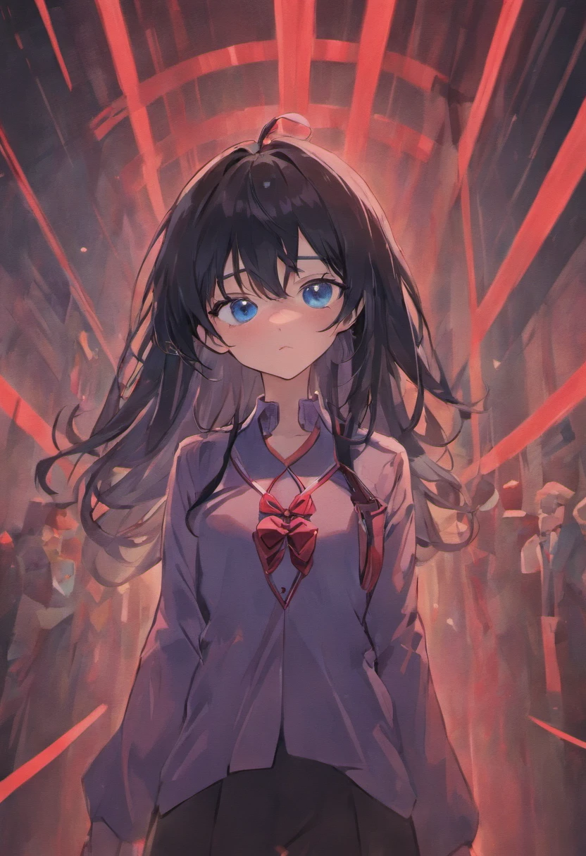 black hair, long hair, semi realism anime, shirt, blue eyes, red ribbon, 2d anime
