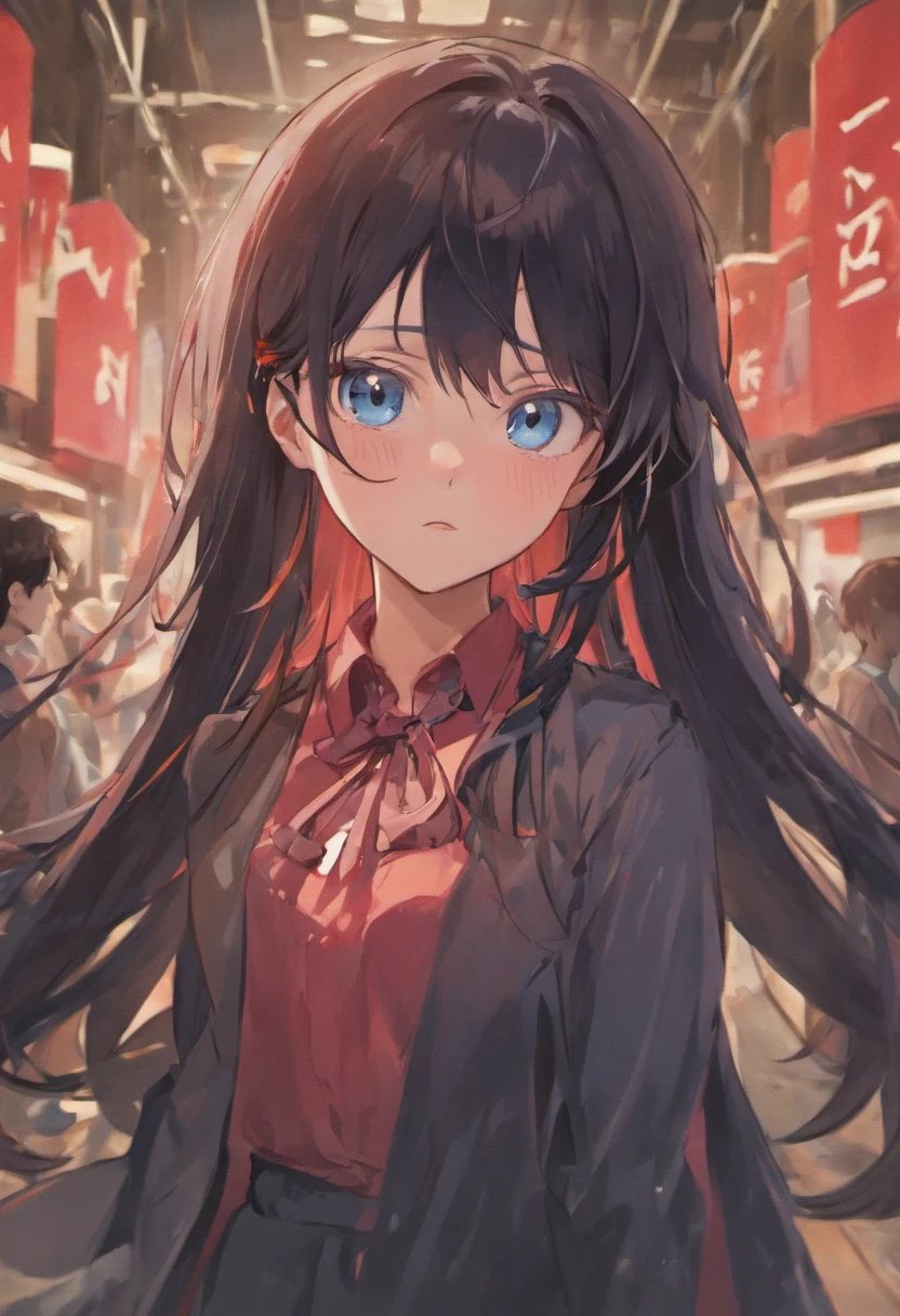 black hair, long hair, semi realism anime, shirt, blue eyes, red ribbon, 2d anime
