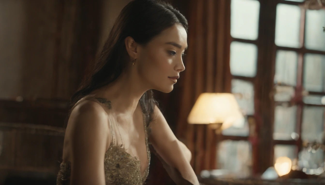 (masuter piece)、(best qualtiy)、(super detailing)、(well-groomed hair)、(illustratio)、(1girl in)、(detailedbackground)、Delicate beautiful face、(High color saturation)、Focus on the face、A dark-haired、bangss、movement、shorth hair、pixiv illustration、best qualtiy、super detailing、美丽的面容、4K、、top-quality、Blush cheeks、in 8K、Very beautiful night view、amazing composition、a bed、morpheus、Extremely beautiful girl、Sleeping face、Tank Tops、鎖骨