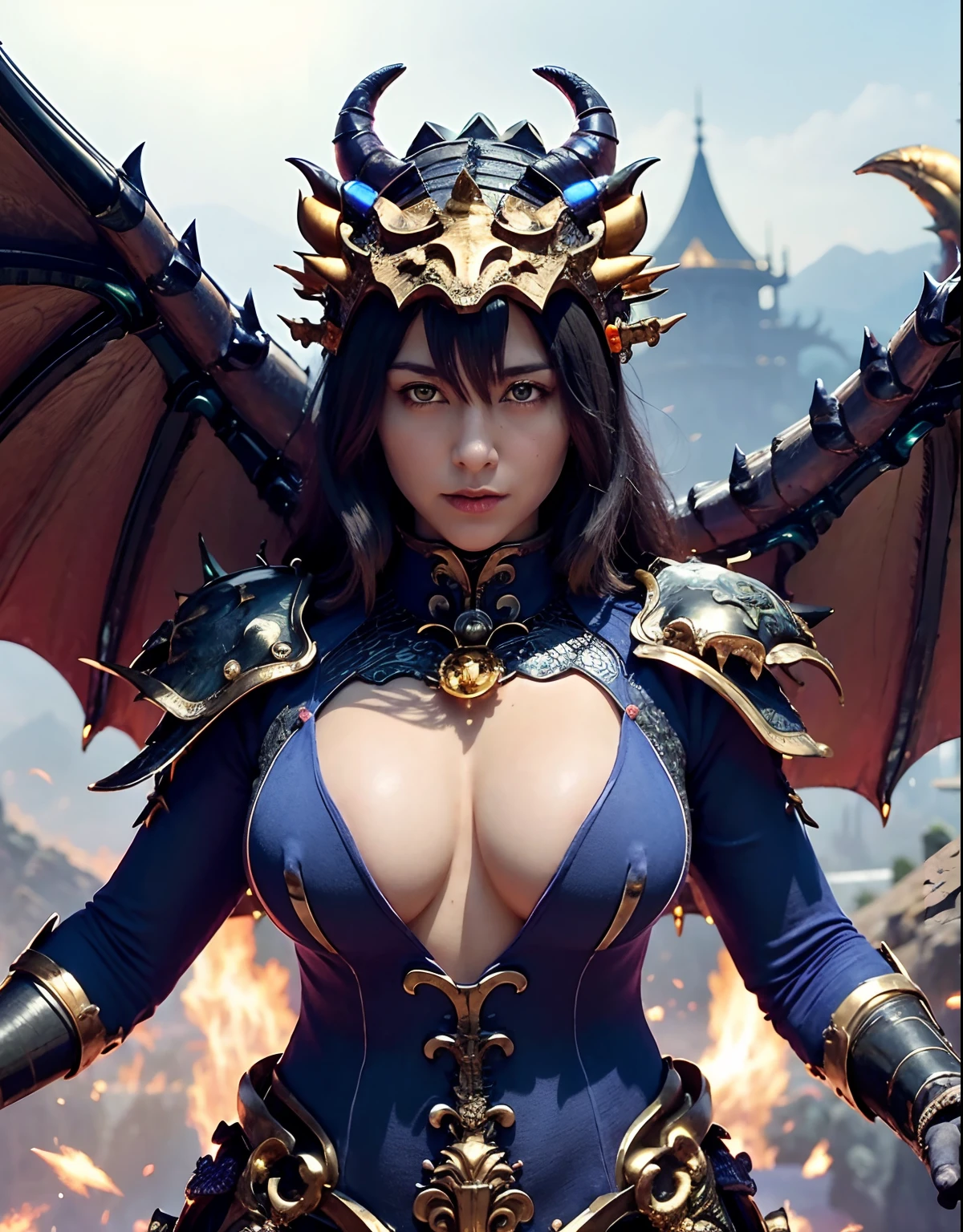 ((World of Darkness)),Professional , ​masterpiece、top-quality、photos realistic , depth of fields 、Beautiful Cyberpunk Woman Image,（Dragon Blue Metal Body:1.９),(Enamel purple black、（cleavage of the breast）、Particles of light、Mystical expression、Dragon Gold Weapon、（Red Micro Bikini Armor:1.４),Gorgeous gold weapons ,Particles of light、（（ Dragon's dense and gorgeous sword）） , （demonic wings）、（（a blond））、（Castle background）、（（Gangle's forest background））、（（Fight dragons））、Beautiful Caucasian beauty、１a person、dynamic ungle,(((Detailed and ornate dragon helmet)))、Smaller head、A smile、Castle background、Thin and beautiful female hands、cleavage of the breast、Soldier in iron armor on background、Mystical expression、Light Effects、intense fighting、Wind-effect、magic circles、With the legendary magic wand、Dragon's tail、explosions、Anatomically correct body、