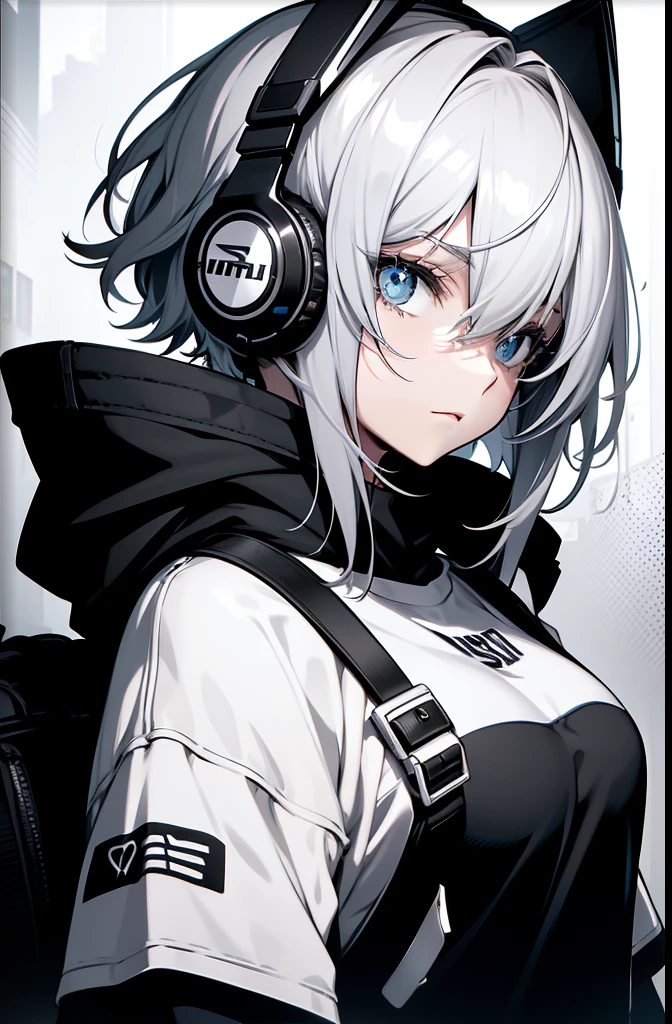 Stable diffusion cues: A girl with short messy hair,Wear trendy streetwear and casual t-shirts. She has a confident gaze, Her head turned to the side. Her hairstyle is an avant-garde side silhouette, Luxurious long hair. She wears headphones with large earcups. The color scheme of the image is black and white, Use a monochromatic color palette. The overall style is sporty and stylish.