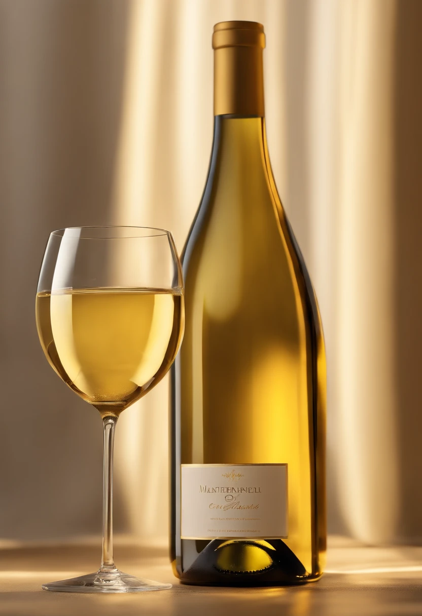 (a)glass bottle, (a)white wine bottle filled with dry white wine, (a)crystal clear golden yellow wine, (a)white background, (a)sunlight shining at a 45 degree angle, (highres,best quality,4k,8k,masterpiece:1.2), (ultra-detailed,extreme detailed description), (photorealistic,realistic:1.37), (studio lighting,sharp focus), (vivid colors), (portraits,photography), (golden,crystal clear,shimmering), (beautifully curved), (reflections), (subtle shadows), (fresh and inviting), (brilliantly illuminated), (captivating), (serene and peaceful), (elegant), (timeless beauty), (meticulously crafted), (exquisite simplicity), (perfectly captured moment)