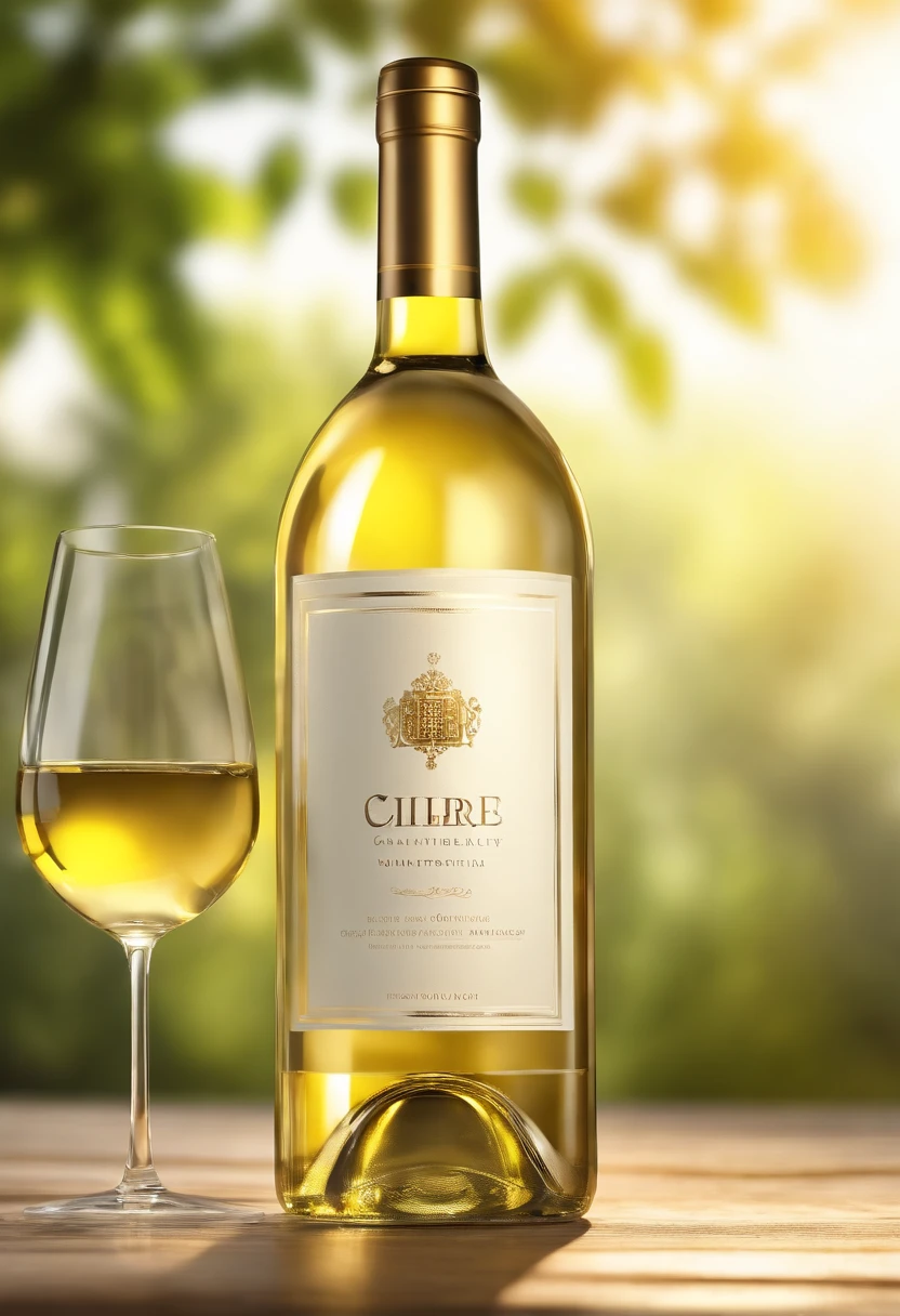 (a)glass bottle, (a)white wine bottle filled with dry white wine, (a)crystal clear golden yellow wine, (a)white background, (a)sunlight shining at a 45 degree angle, (highres,best quality,4k,8k,masterpiece:1.2), (ultra-detailed,extreme detailed description), (photorealistic,realistic:1.37), (studio lighting,sharp focus), (vivid colors), (portraits,photography), (golden,crystal clear,shimmering), (beautifully curved), (reflections), (subtle shadows), (fresh and inviting), (brilliantly illuminated), (captivating), (serene and peaceful), (elegant), (timeless beauty), (meticulously crafted), (exquisite simplicity), (perfectly captured moment)