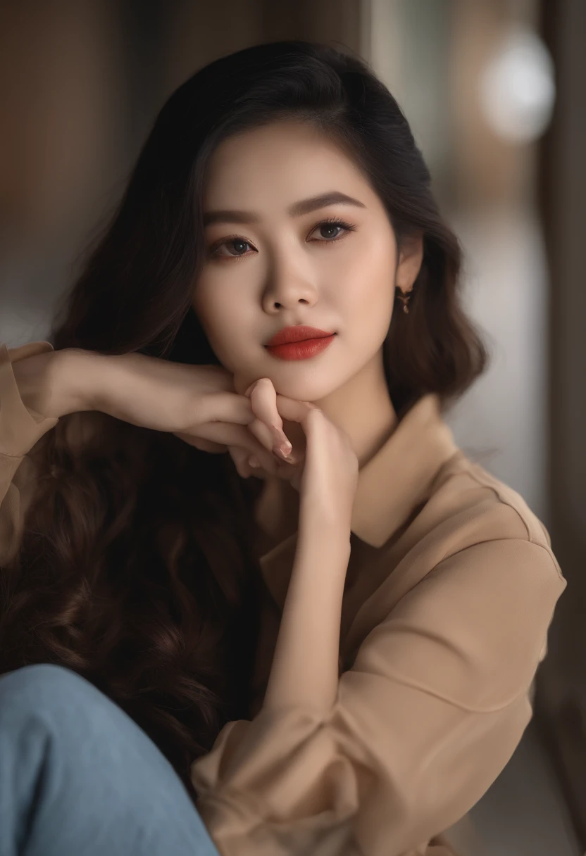 there is a woman that is sitting down with her hand on her chin, dang my linh, mai anh tran, nivanh chanthara, 2 7 years old, with kind face, ruan cute vtuber, 2 8 years old, student, with accurate face, inspired by Ruth Jên, with round face, 2 9 years old