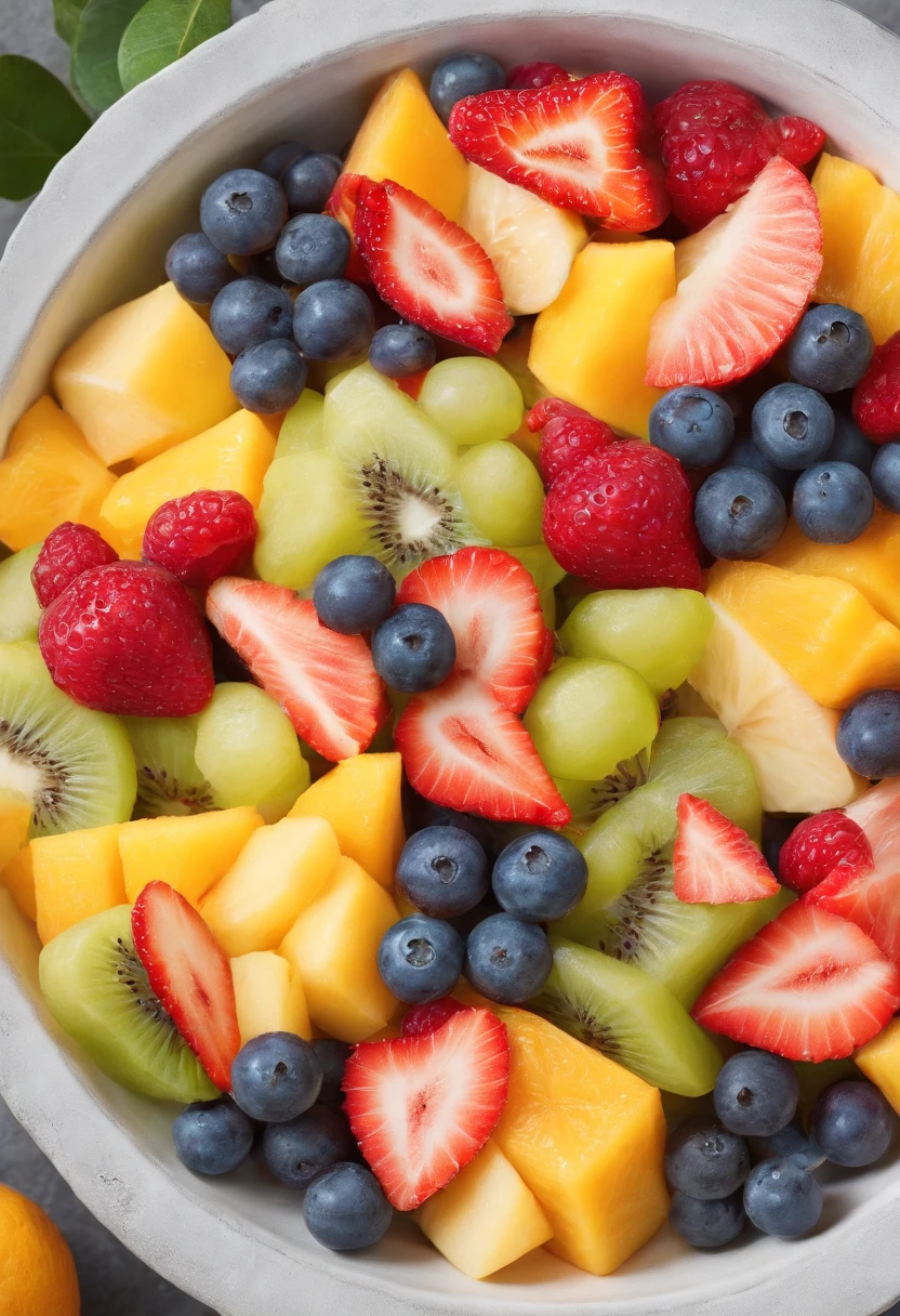 a delicious fruit salad, cinematic, professional photography, studio lighting, studio background, advertising photography, intricate details, hyper-detailed, ultra realistic, 8K UHD, consistent image