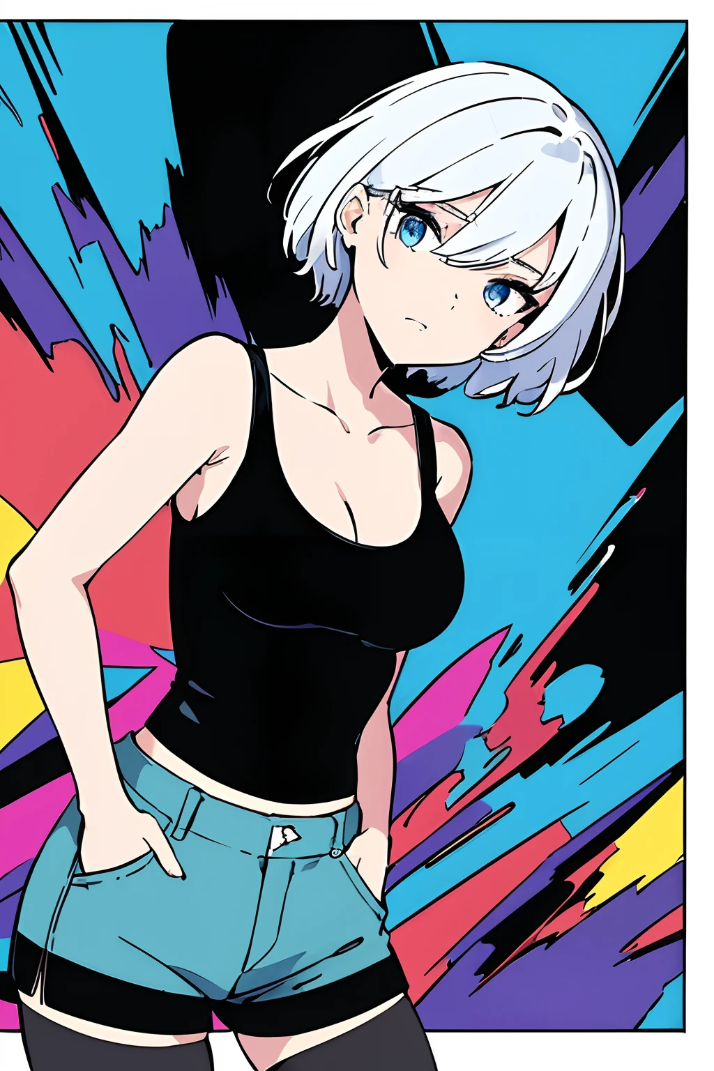 (masterpiece:1.3), (the best quality:1.2), (super fine illustrations:1.2), (Masterpiece), high quality, high detail, ((unparalleled masterpiece, best quality, perfect artwork)),
high contrast, flat color, white background, short hair, big breasts size, white hair, blue eyes, blue hair shade, looking at another,
[(pale blue background:1.1)::5], [(game character portrait:1.2):5], (falling over:1.2), falling down, (tripped), {hands hidden}, {{{hands in pockets}}},{{hands in sleeves}}
stumble, from front, black tight tanktop, black hotpants, make hands close,
colorful color here and there,  Colorful paint explosion pattern,
strange sky,
(illustration:1.2), very wide shot, (line drawing:1.2), {{only five fingers}}
