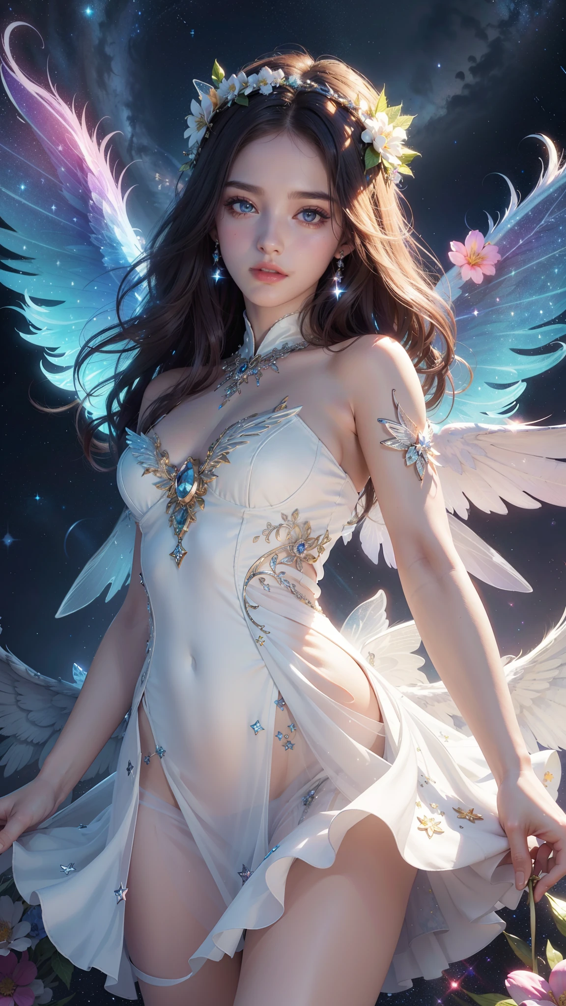 4k ultra hd, masterpiece, a girl, good face, detailed eyes, detailed lips, flower fairy girl, big wings, transparent wings, neon lights, magnificent background, white dress, bare waist, flower crown, starry sky background, divine light, attractive pose,