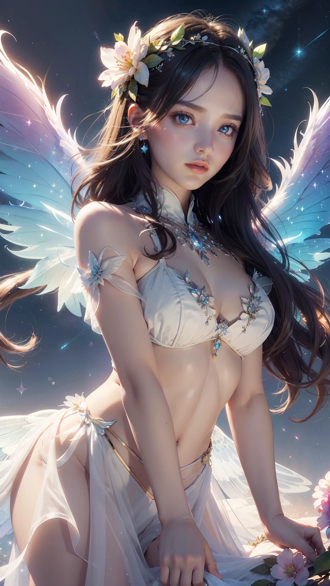 4k ultra hd, masterpiece, a girl, good face, detailed eyes, detailed lips, flower fairy girl, big wings, transparent wings, neon lights, magnificent background, white dress, bare waist, flower crown, starry sky background, divine light, attractive pose,