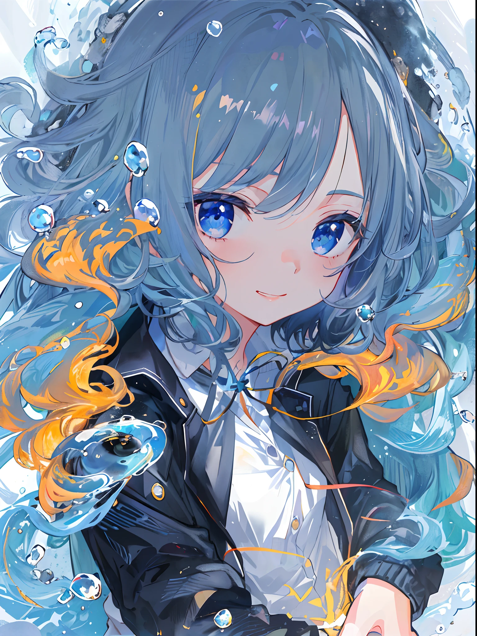 ((top-quality)), ((masterpiece)), ((ultra-detailliert)), (extremely delicate and beautiful), girl with, 独奏, cold attitude,((Black jacket)),She is very(relax)with the(Settled down)Looks,A dark-haired, depth of fields,evil smile,Bubble, under the water, Air bubble,bright light blue eyes,Inner color with black hair and light blue tips,Cold background,Bob Hair - Linear Art, shortpants、knee high socks、White uniform like school uniform、Light blue ribbon ties、Clothes are sheer、Hands in pockets、Bright eyes like sapphires