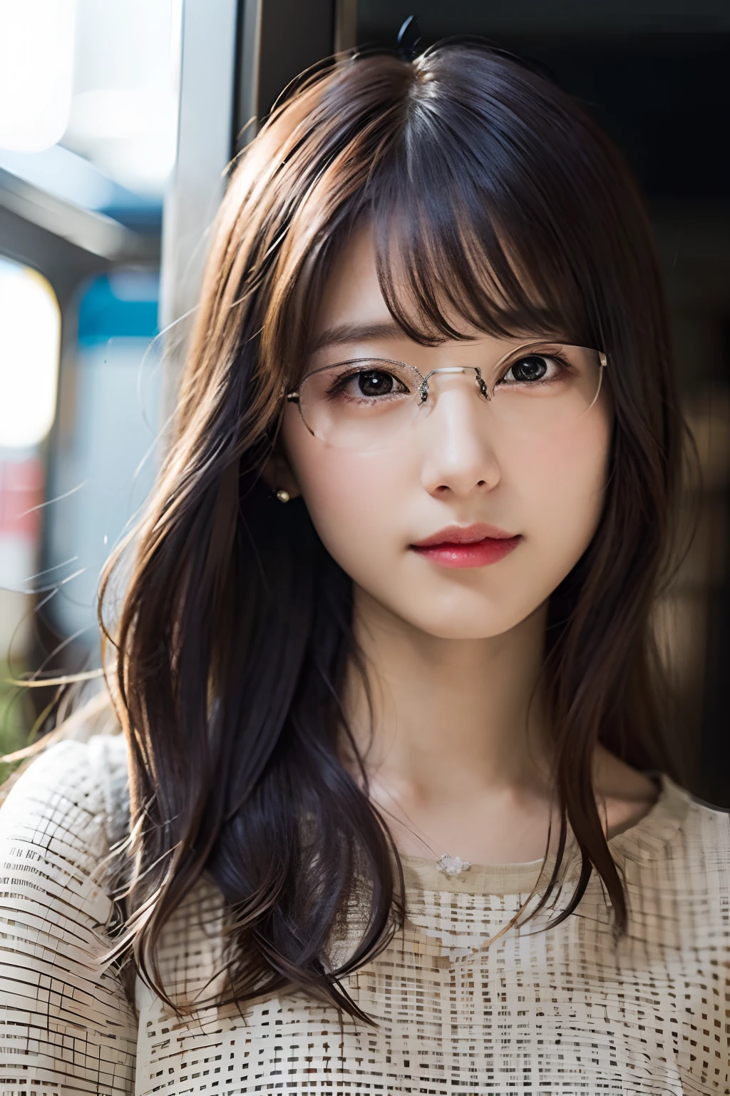 (8K、Raw photography、top-quality、masterpiece:1.2)、(realisitic、Photorealsitic:1.37)、ultra-detailliert、超A high resolution、1人、see the beholder、beautifull detailed face、A smile、Constriction、(Slim waist) :1.3)、short-cut、Beautiful detailed skin、Skin Texture、Floating hair、Professional Lighting、Wait for the platform train、Square glasses with black rimming 、Whole human body、Brown hair