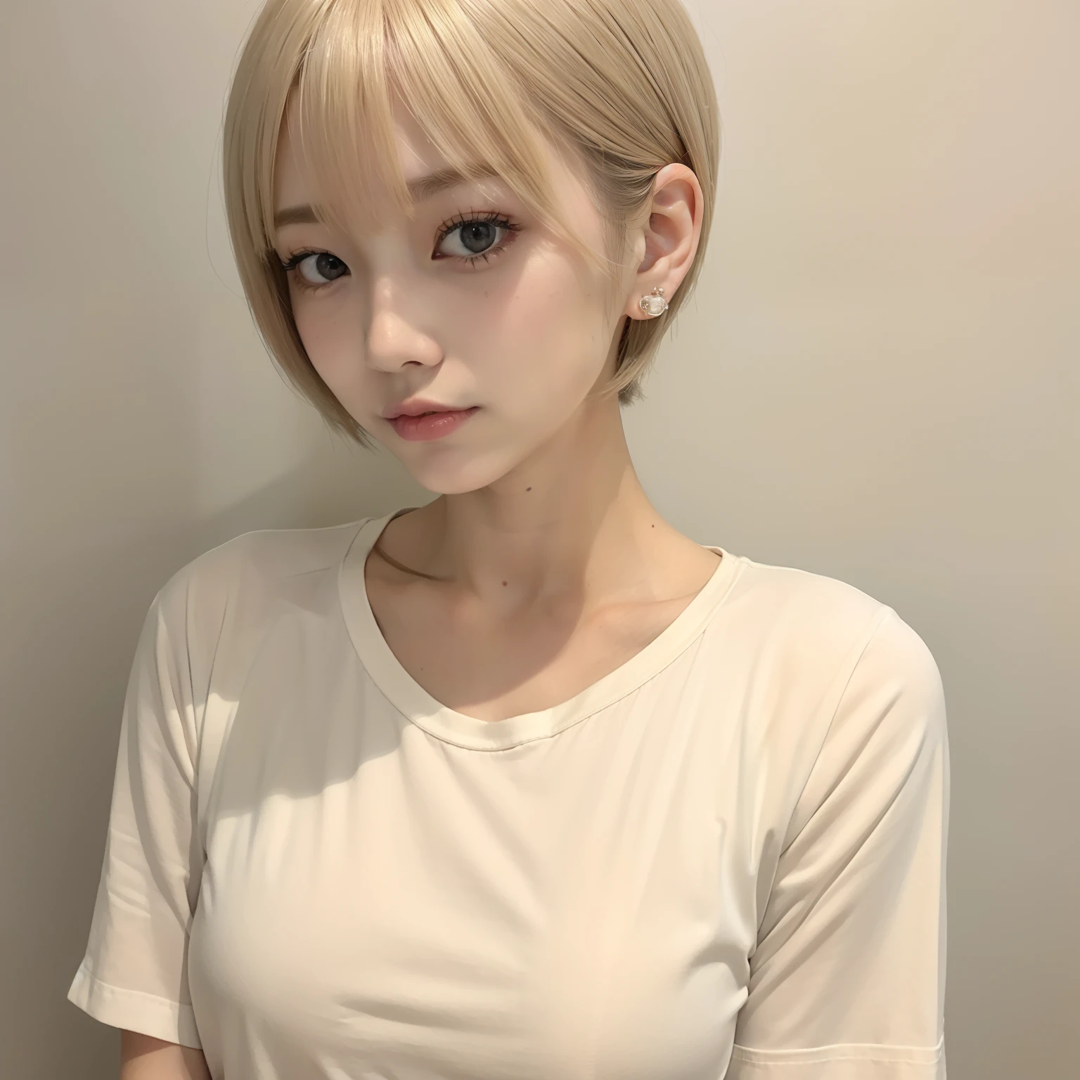 hightquality、8K、masuter piece 1 person woman、28 talents、A slender、T-shirt Beautiful Girl(Hair colorbeige、Very Shorthair、Hair color is light、slender、Same as:1.2)、Plain clothes T-shirt:1.2、White wall background、hyperdetailed face、A detailed eye、Double eyelids、Cute smile、Hair Models、Oblique face、Very short hairstyles、Shorthair、Mashed Hair、fluffy hair、japanes、Like a real photo、Large piercings、T-shirt clothes、Japan