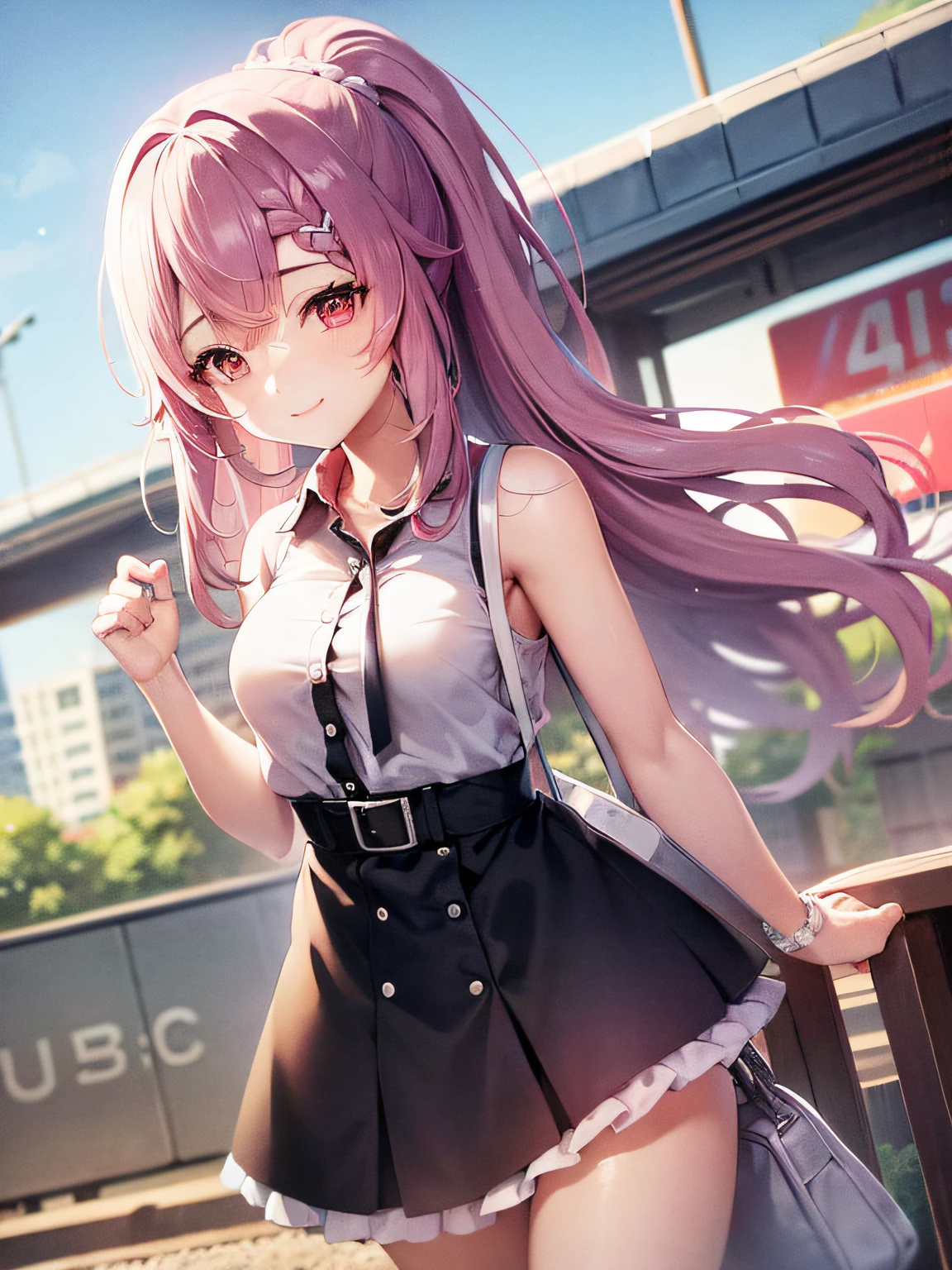 girl with a bag standing at the train station, smiling, braided pink hair with red eyes, white sleeveless shirt, black skirt, rent a girlfriend style, cute anime girl, anime moe artstyle, 4k quality.
