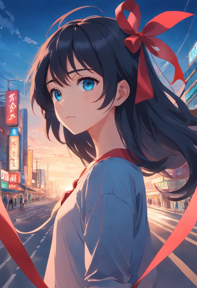 black hair, long hair, semi realism anime, shirt, blue eyes, red ribbon, 2d anime