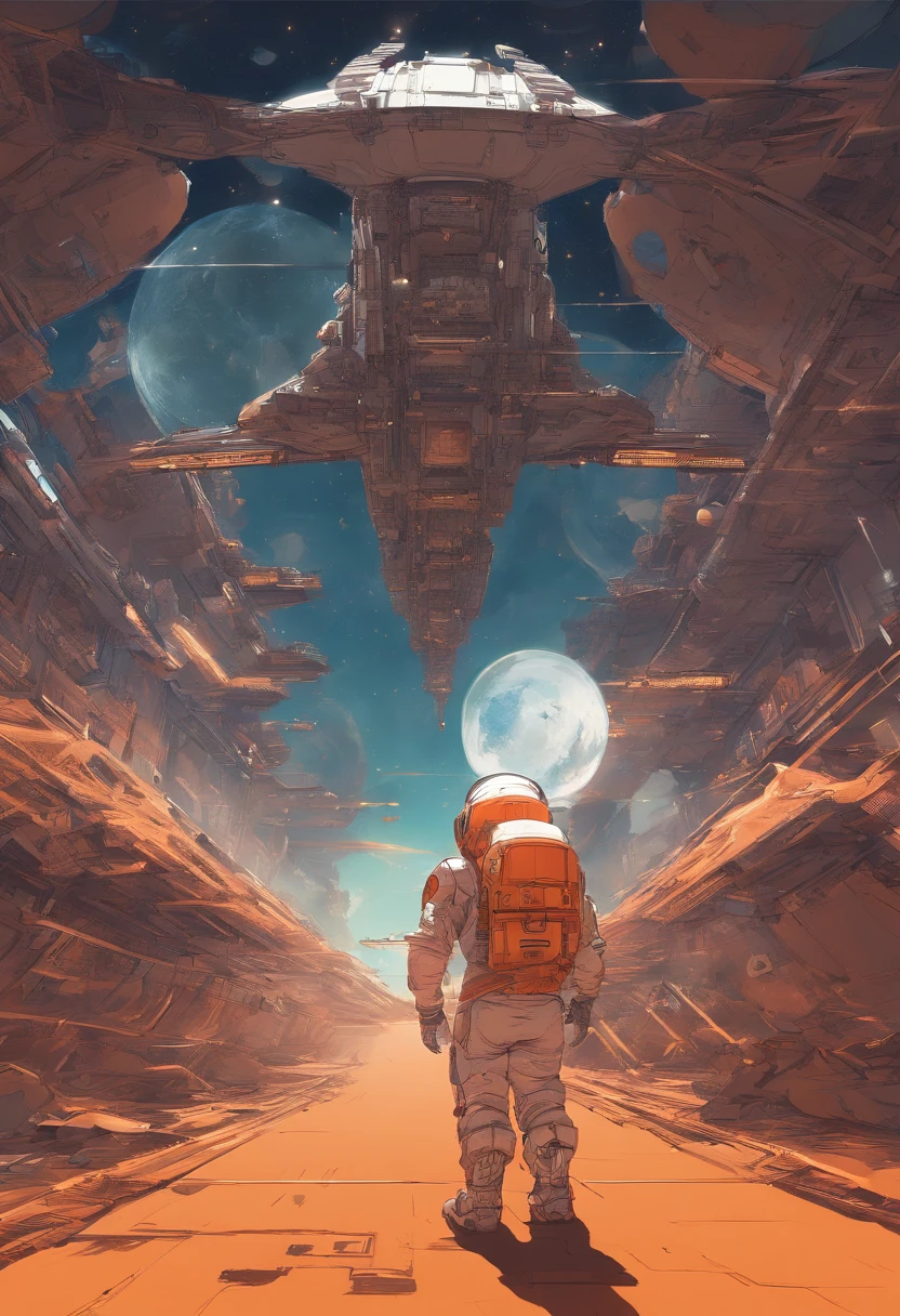 Ghibli style spaceship,Flying,a  in an astronaut suit,orange and bronze, in the style of hyperrealistic environments,in the style of rendered in cinema4d, Low saturation, childlike illustrations, anime-inspired characters, commission for, grid-based, childlike,solid background,clean background,cinematic lighting,super details,8K,Ultimate --niji 5 --style expressive