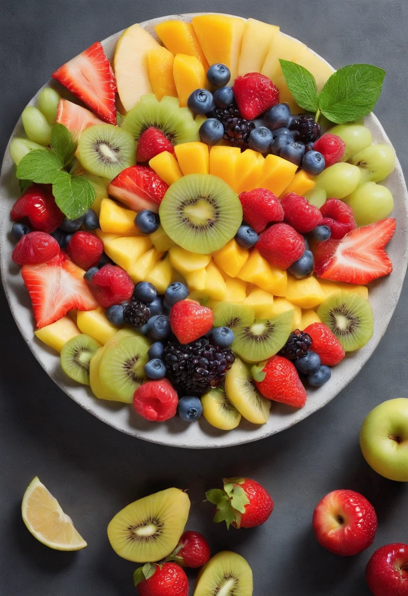 a delicious fruit salad, cinematic, professional photography, studio lighting, studio background, advertising photography, intricate details, hyper-detailed, ultra realistic, 8K UHD, consistent image, 1 meter at cam