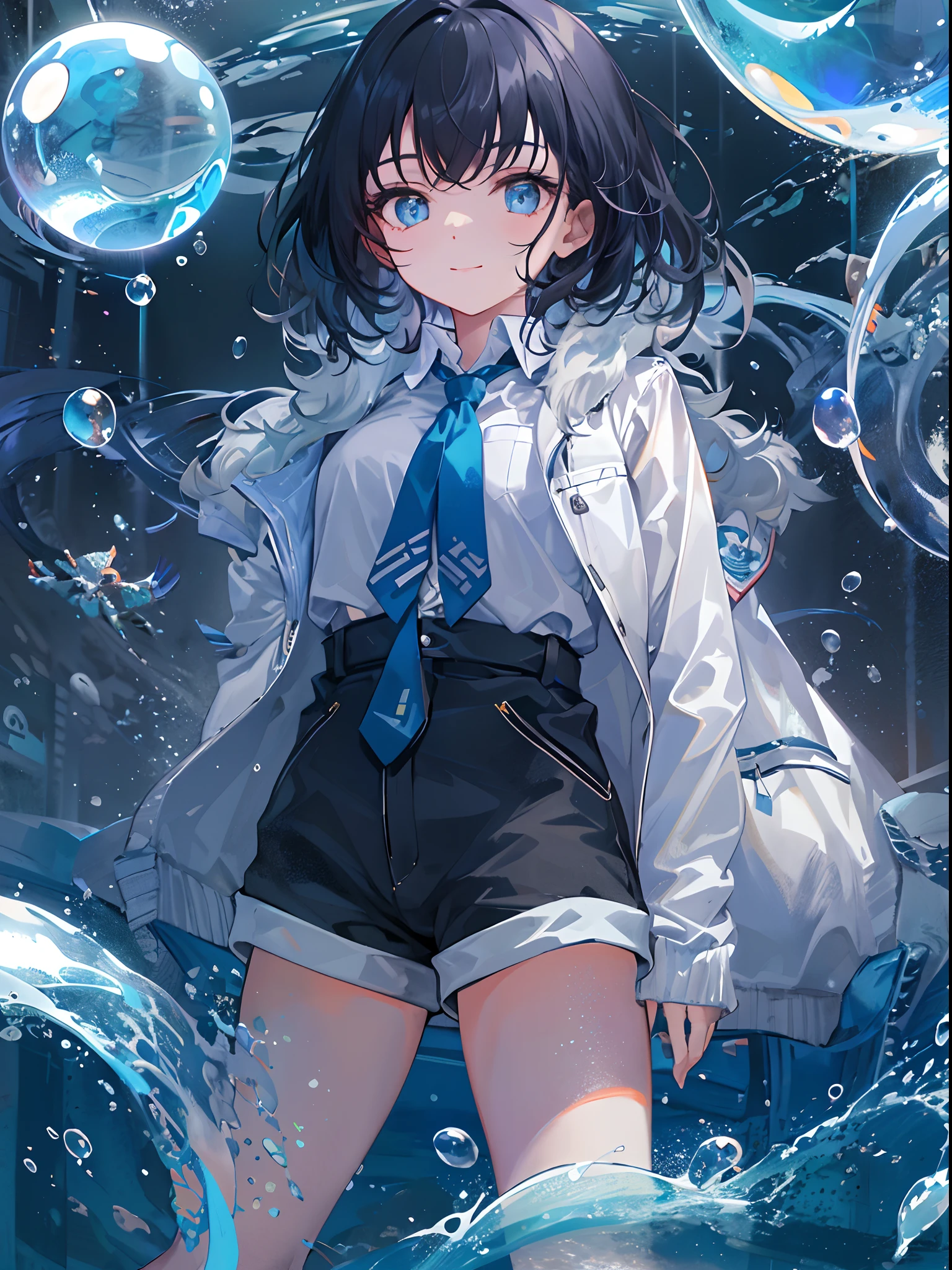 ((top-quality)), ((​masterpiece)), ((ultra-detailliert)), (extremely delicate and beautiful), girl with, 独奏, cold attitude,((Black jacket)),She is very(relax)with  the(Settled down)Looks,A dark-haired, depth of fields,evil smile,Bubble, under the water, Air bubble,bright light blue eyes,Inner color with black hair and light blue tips,Cold background,Bob Hair - Linear Art, shortpants、knee high socks、White uniform like school uniform、Light blue ribbon ties、Clothes are sheer、Hands in pockets、Bright eyes like sapphires