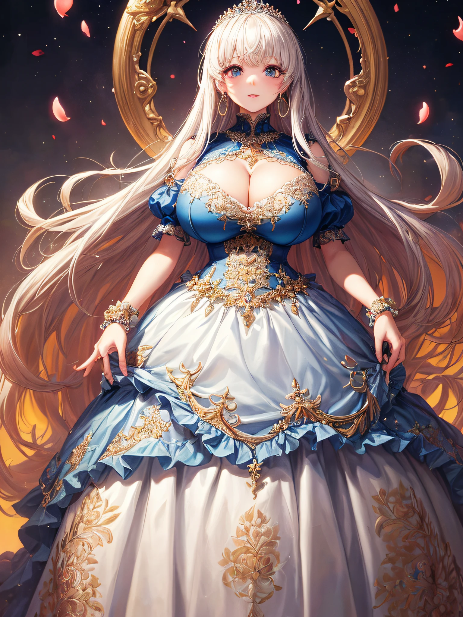 (masterpiece, best quality,extremely detailed:1.1),(moe anime art style:1.2),1girl,((full body)),((solo)), cute, kawaii,digital art,((1 bling-bling anime princess wearing beautiful embroidery and jeweled ruffled gorgeous princess ballgown with voluminous full length hoop skirt)),((crinoline)),long train,voluminous frills,(gorgeous embroidery and beautiful lace),((very gigantic boobs,skindentation)),cleavage,shiny hair,(((very long straight hair))),((finely detailed face and eyes)),clear pupil,extremely gorgeousfull hair ornament,(bling-bling jeweled extremely gorgeousfull tiara),(bling-bling gorgeous gemstone jewelry),long veil,beautiful background,fantasy background,flowers,flower petals flowing,full body,((beautiful embroidery and jeweled ruffled gorgeous princess ballgown with voluminous full length hoop skirt))