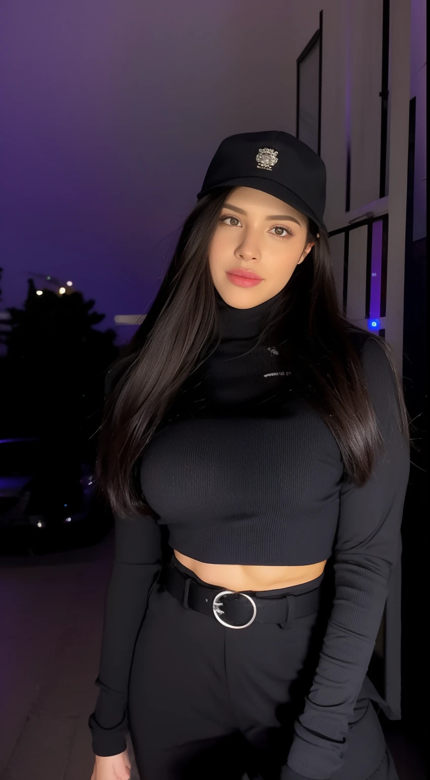 A Woman In A Black Top And Black Pants Posing For A Picture - Seaart Ai