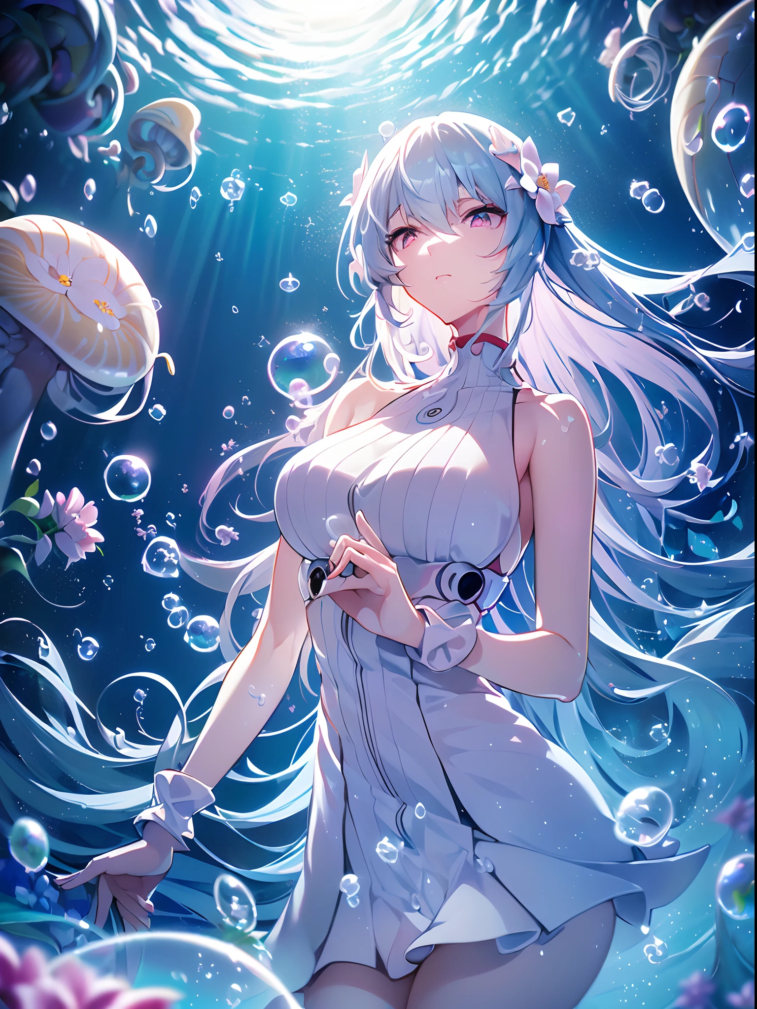 (((ayanami rei))),((((((BREAK,Design an image with a fisheye lens effect, capturing a wide field of view with a distinctive, curved perspective.BREAK,)))))((1girl:1.1,solo,))(masterpiece,best quality, official art,aim to viewers, beautiful and aesthetic:1.3),((ultra high res,golden ratio,)) (4k),((from below,dark,low visibility,raindrops, dreamland,)),((((spiral bubbles,))))national lighting,good lighting,ray tracing,dynamic lighting, cinematic lighting,((((underwater flowers, In the enigmatic depths of the ocean,))))(fantasy,)((psychedelic)),((dreamy)),((holographic,))radiosity, physically-based rendering,automatic white balance), technological sense,Amazing,sharp focus,detailed background,rich background,astonishing background, (((high detailed skin,)))dynamic lighting,intricate detailed outfit,glowing eyes,watery eyes,((extremely long hair,hair over shoulders)),skiny,slender,smooth beast,smooth legs,sundress,((musical notes,mushrooms)),(masterpiece sidelighting),((water currents and ripples, contrast between deep-sea darkness and emitted light,))(hyper realistic lifelike 3d,)(bishoujo,lustrous),(sky blue hair,pink eyes,）[[delicate fingers and hands:0.55]::0.85],(detail fingers),(((Ultra Photographic Quality,ultra wide angles)))),((incredibly absurdres,photoreality)),(realilty:0.7),((a girl is chanting,put hands together,))((Wariza:0.8,dark shot:0.7,))Golden rings,((extremely_detailed_eyes_and_face)),(disheveled hair),FilmGirl,(dynamic configuration: 0.9),Brilliant,drifting Nebula,ethereal, glossy ,striking contrast,high saturation