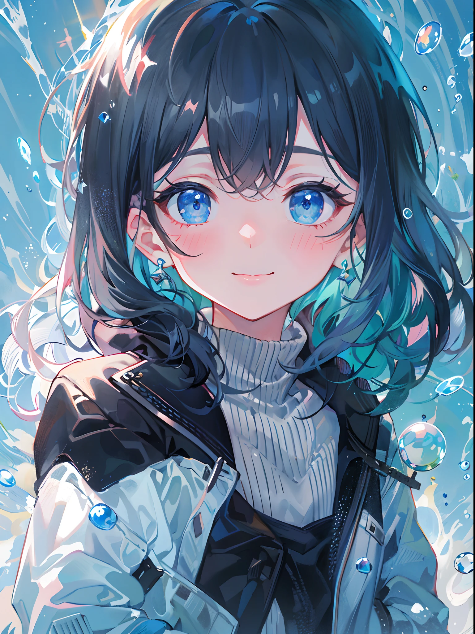 ((top-quality)), ((masterpiece)), ((ultra-detailliert)), (extremely delicate and beautiful), girl with, 独奏, cold attitude,((Black jacket)),She is very(relax)with the(Settled down)Looks,A dark-haired, depth of fields,evil smile,Bubble, under the water, Air bubble,bright light blue eyes,Inner color with black hair and light blue tips,Cold background,Bob Hair - Linear Art, shortpants、knee high socks、White uniform like school uniform、Light blue ribbon ties、Clothes are sheer、Hands in pockets、Bright eyes like sapphires