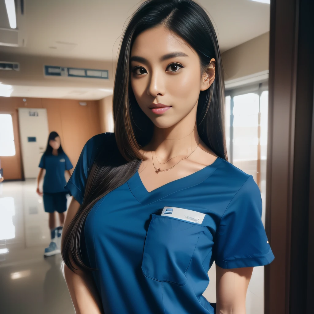 best quality, masterpiece, highres, ((1girl)), Beautiful face, photorealistic, 8k, UHD, long hair, ((beautiful arm tattoos)), muscular, feminine, ((toned abs)), sweat, Asian, female, dark skin, large boobs, (high detailed skin:1.2), 8k uhd, dslr, high quality, candid, Photograph, high resolution, 4k, 8k, hospital, nurse, wearing nurse scrubs, open scrubs, working, action shot,