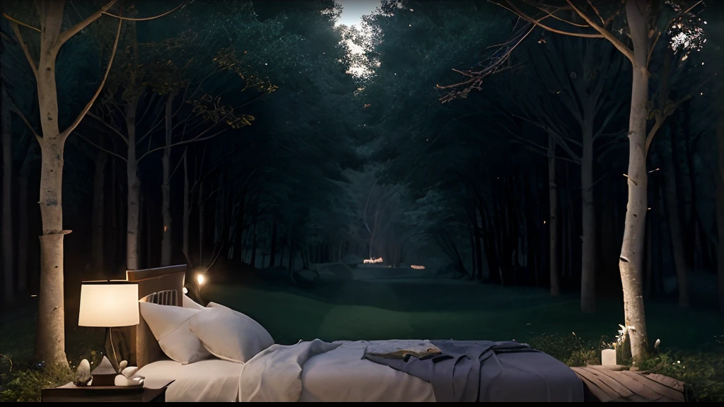 Generate a serene and peaceful scene of a normal bedroom bed placed incongruously in the middle of a light forest. The forest is bathed in moonlight, with soft beams that illuminate beautiful tree trunks and branches adorned with leaves. The night sky is adorned with stars, fundiendo un suave, Brillo calmante sobre toda la escena. The image should evoke a strong sense of tranquility and serenity.