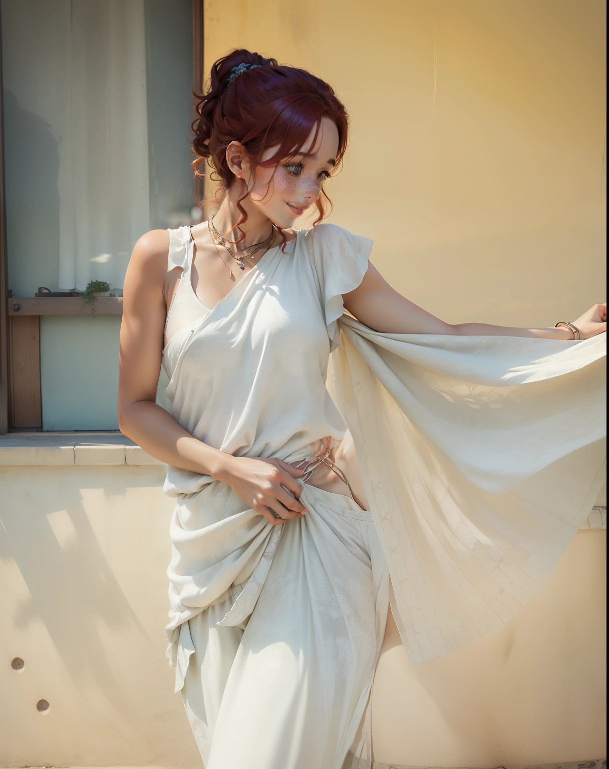 (masterpiece, best quality), 1girl, collarbone, wavy hair, looking at viewer, blurry foreground, upper body, necklace, contemporary, plain pants, ((intricate, print, pattern)), ponytail, freckles, red hair, dappled sunlight, smile, happy,