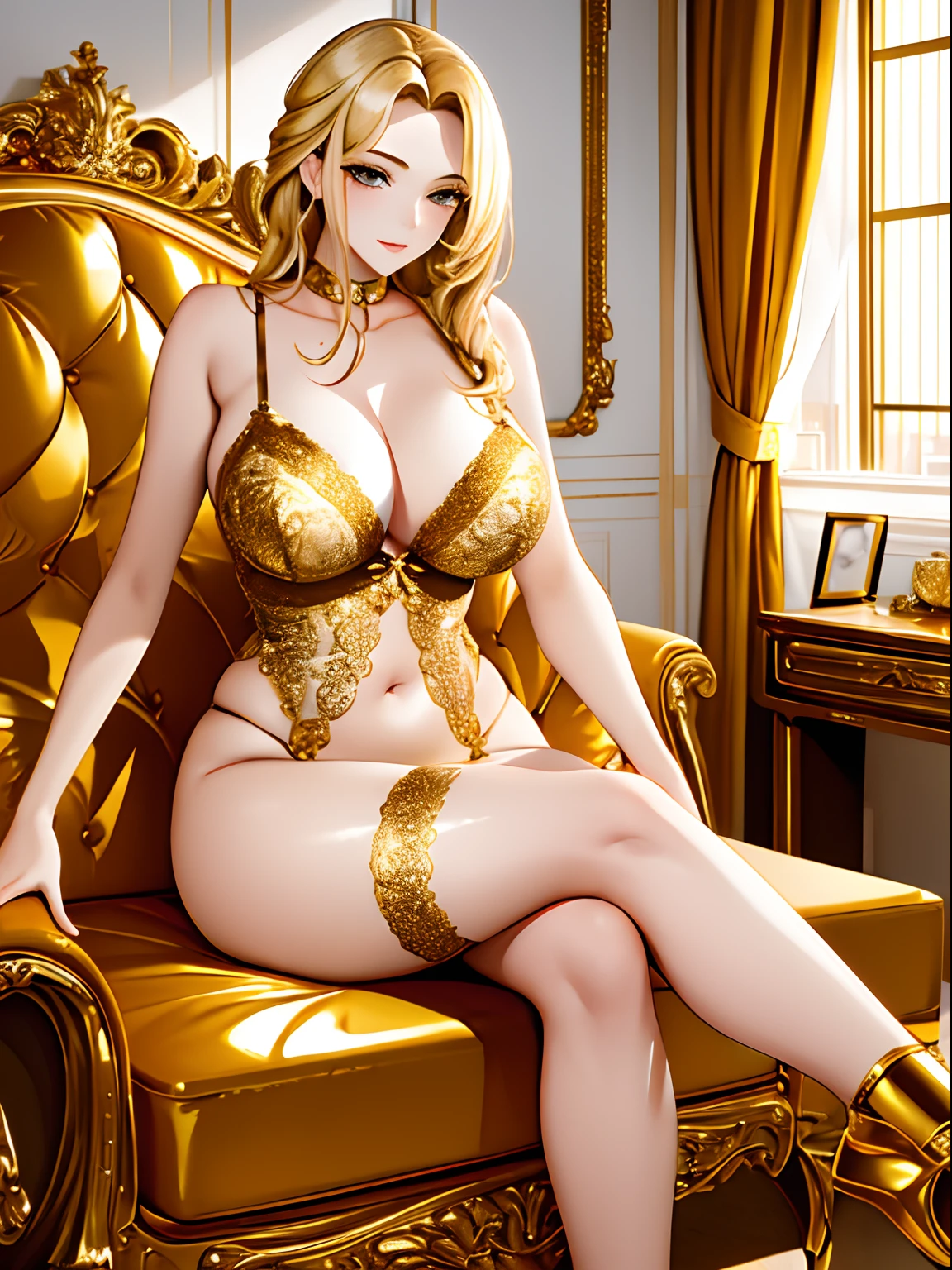 masterpiece, 
1girl,  Luxury mature female, large breasts, blonde hair, lingerie,sitting, woman,
 Luxury bedroom, gold decoration,  gold bed