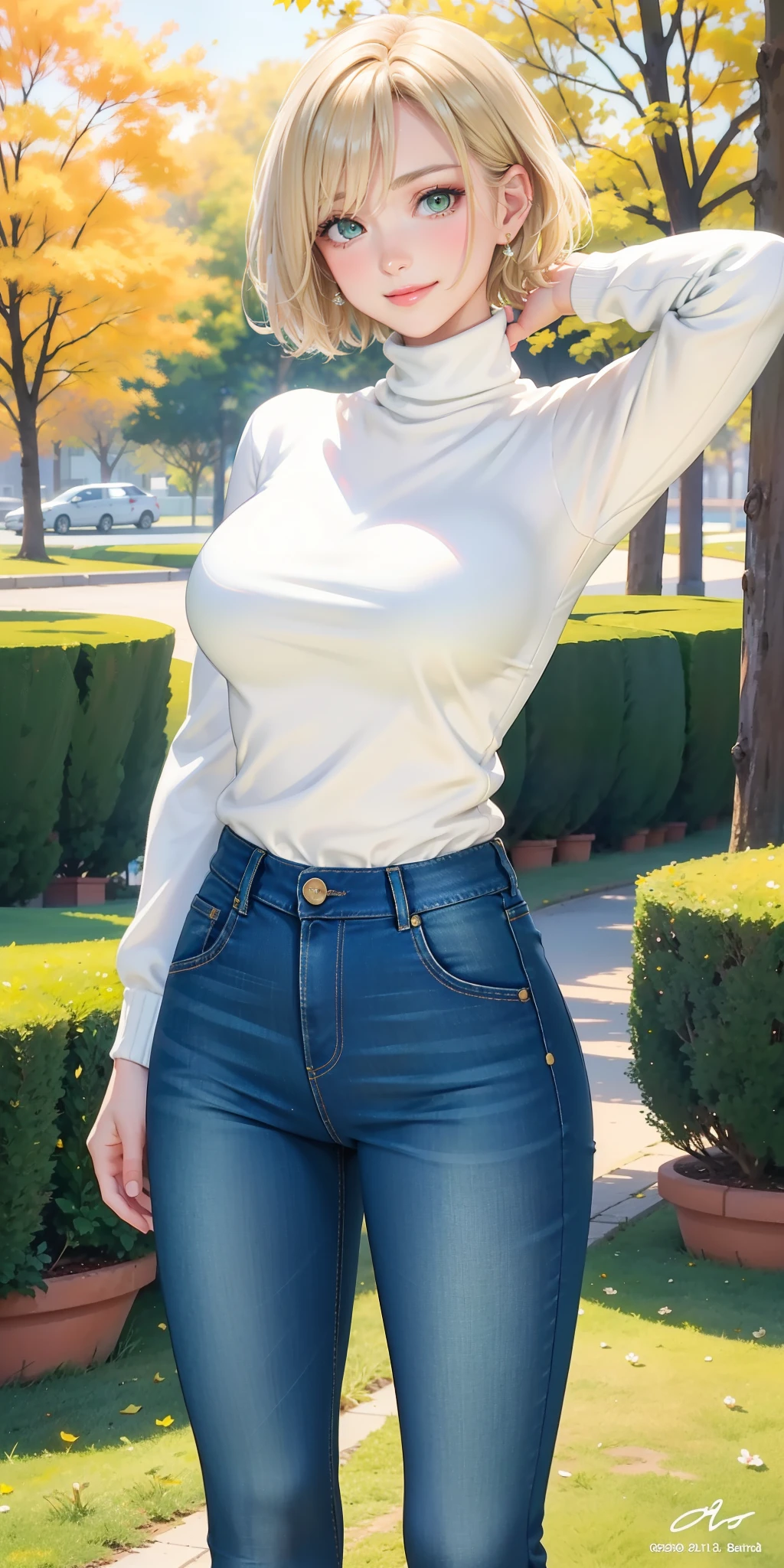 breasts big breasts, ((beautiful woman, beautiful body)) ((short blonde hair)), (green eyes: 1.3), extremely sexy body, tight jeans, (white sweater: 1.3), turtleneck, standing , in the park, beautiful landscape , smiling, (cute smile: 1.2), (bright lips: 1.2), (beautiful eyes: 1.2), wonderful background, closed mouth, ((masterpiece)), ((best quality)) arms behind the back