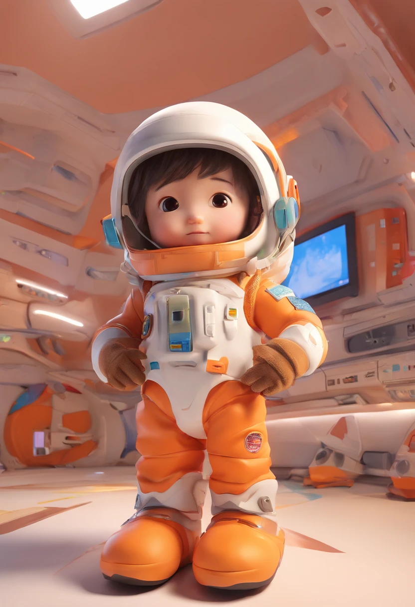 Ghibli style spaceship,Flying,a  in an astronaut suit,orange and bronze, in the style of hyperrealistic environments,in the style of rendered in cinema4d, Low saturation, childlike illustrations, anime-inspired characters, commission for, grid-based, childlike,solid background,clean background,cinematic lighting,super details,8K,Ultimate --niji 5 --style expressive