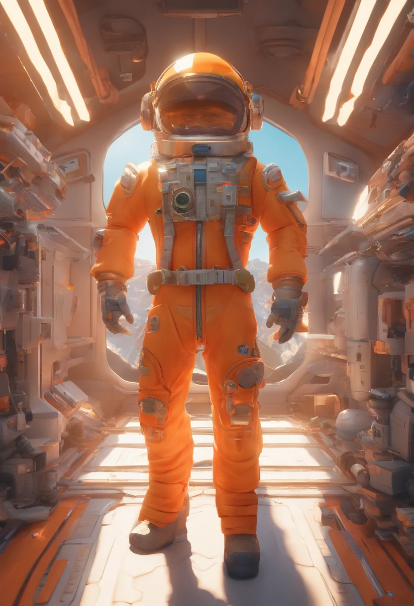 Ghibli style spaceship,Flying,a little boy in an astronaut suit,orange and bronze, in the style of hyperrealistic environments,in the style of rendered in cinema4d, Low saturation, childlike illustrations, anime-inspired characters, commission for, grid-based, childlike,solid background,clean background,cinematic lighting,super details,8K,Ultimate --niji 5 --style expressive