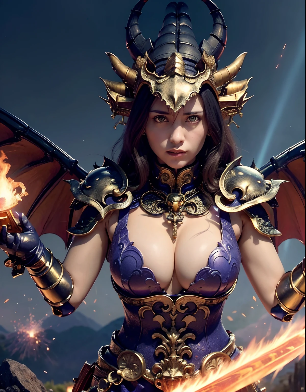 ((World of Darkness)),Professional , ​masterpiece、top-quality、photos realistic , depth of fields 、Beautiful Cyberpunk Woman Image,（Dragon Blue Metal Body:1.９),(Enamel purple black、（cleavage of the breast）、Particles of light、Mystical expression、Dragon Gold Weapon、（Red Micro Bikini Armor:1.４),Gorgeous gold weapons ,Particles of light、（（ Dragon's dense and gorgeous sword）） , （demonic wings）、（（a blond））、（Castle background）、（（Gangle's forest background））、（（Fight dragons））、Beautiful Caucasian beauty、１a person、dynamic ungle,(((Detailed and ornate dragon helmet)))、Smaller head、A smile、Castle background、Thin and beautiful female hands、cleavage of the breast、Soldier in iron armor on background、Mystical expression、Light Effects、intense fighting、Wind-effect、magic circles、With the legendary magic wand、Dragon's tail、explosions、Anatomically correct body、