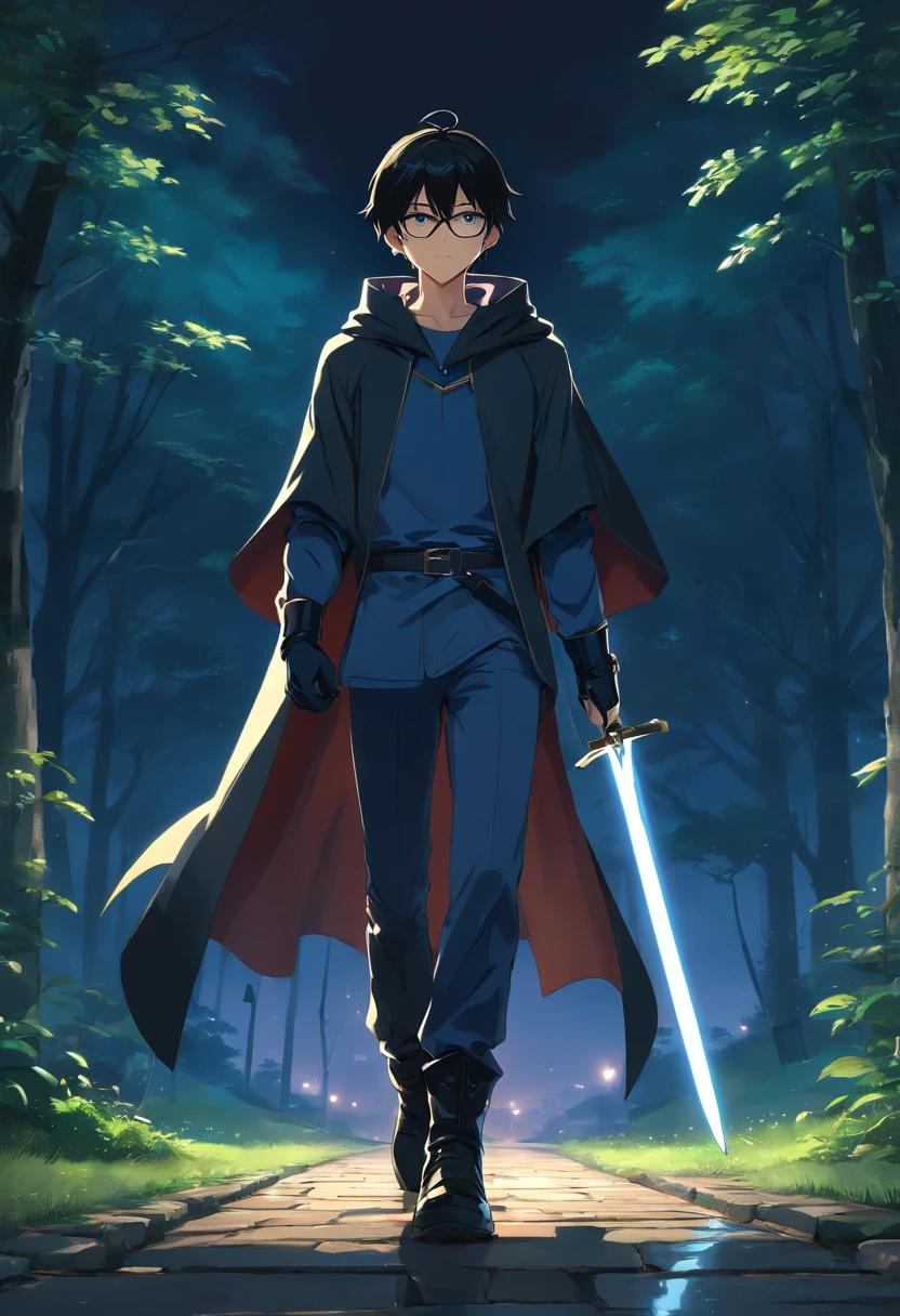 master part, alta qualidade, (anime), best quality, olhos e rosto muito detalhados, Antecedentes muito detalhados, dynamic pose, dynamic light, obra-prima, melhor qualidade, (best quality,4k,highres,masterpiece:1.2),ultra-detailed,basic glasses,(realistic,photorealistic,photo-realistic:1.37),boy in the dark,lonely man,(no background),thin,non-muscular,black cape,gloves,boots,sword,black background,predominantly black,shades of black História de Fundo: parque noturno, olhos azuis,