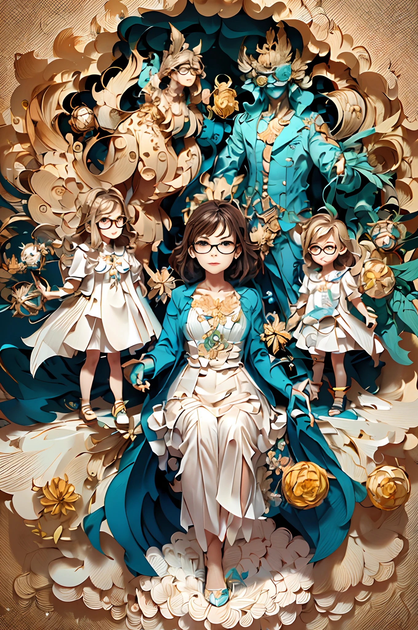 [illustration:1.3]，[paper art:1.3],[Quilted paper art:1.2],A 40-year-old teacher, Wearing glasses, (Surrounded by a dozen children:1.4), upper body lens，arte em papel cortado