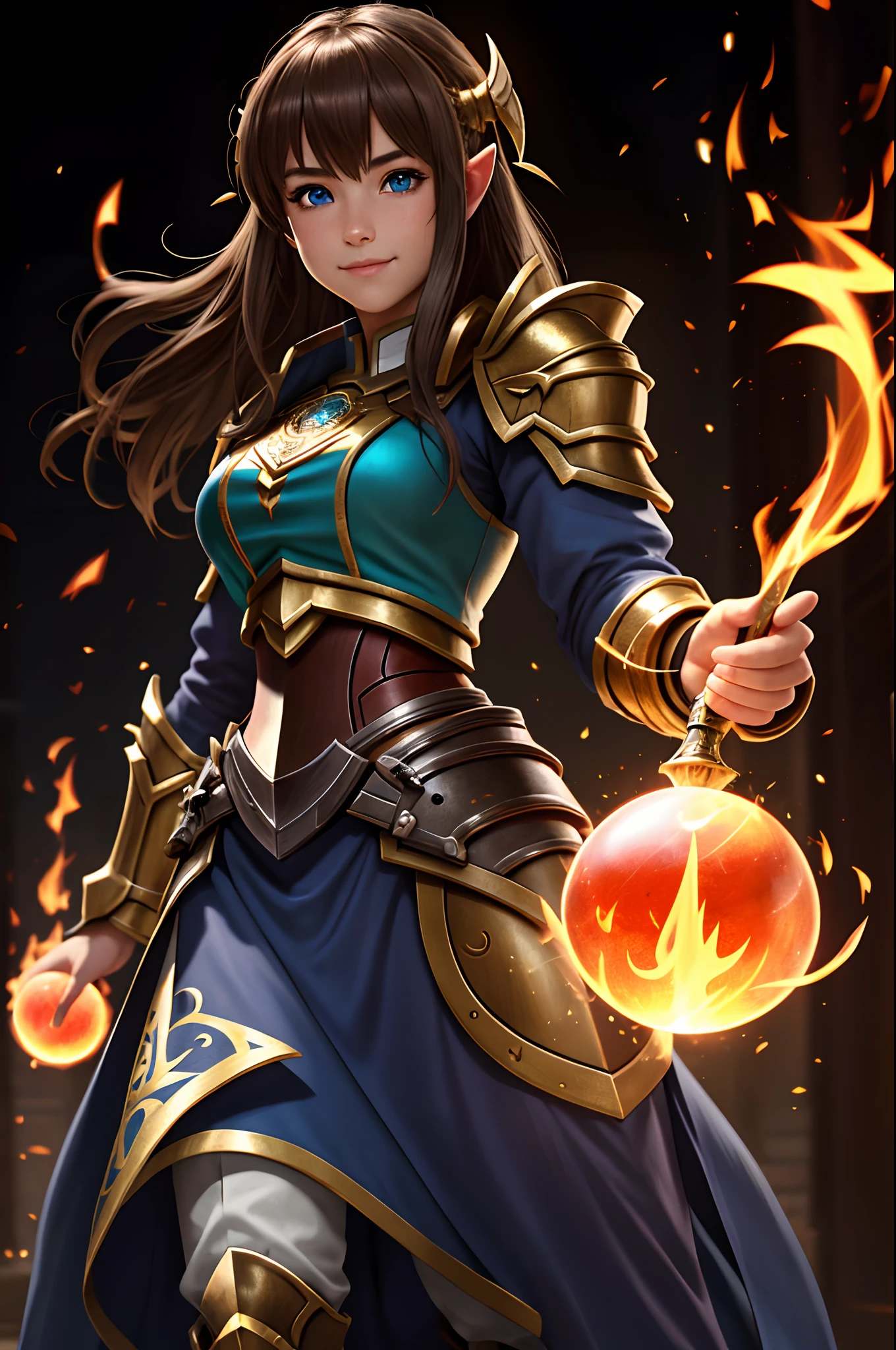 young girl holding a fire wand and a flame ball in her hand, {{{wide angle shot:1.4}}}, {{{full body shot:1.4}}}, {best quality}, {{masterpiece}}, {highres}, extremely detailed girl, teenager, australian, {{{pale skin}}}, {{{detailed face}}}, {anime}, sharp focus, {{{character{1 girl}}}}, solo, {{{stormwind armor from world of warcraft}}}, {{{elf ears}}}, beautiful detailed eyes, brown eyes, {{{{{sharp focus}}}}}, {medium hair, light-brown hair}, {{{detailed cloth texture}}}, {{{detailed skin texture}}}, {{{smooth lighting}}}, {{{concept art}}}, {{{fantasy art}}}, {{{magic}}}, smiling