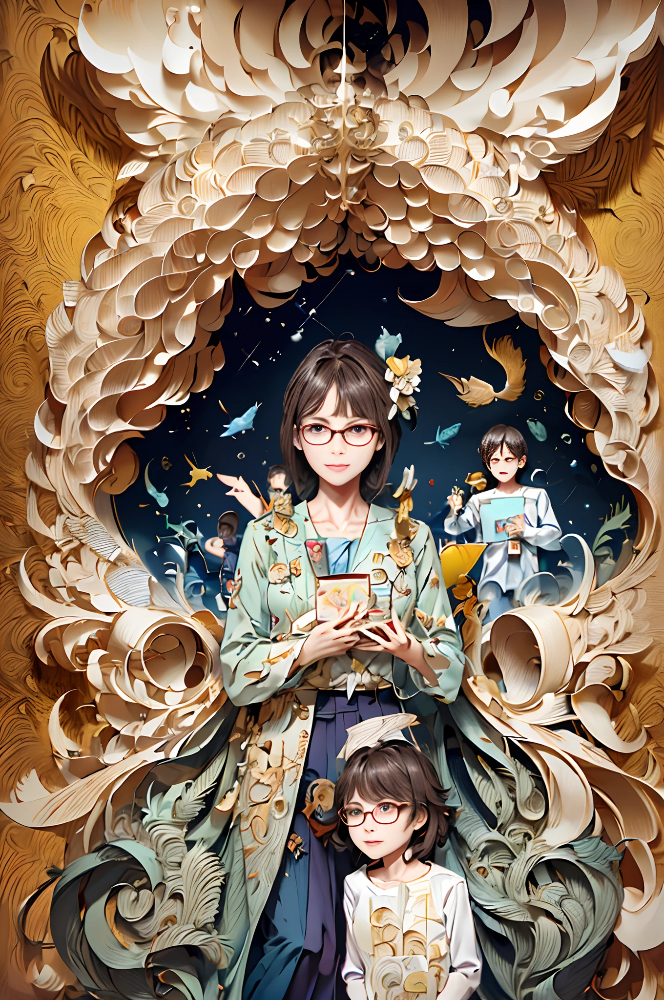 [illustration:1.3]，[paper art:1.3],[Quilted paper art:1.2],A 40-year-old teacher, Wearing glasses, (Surrounded by a dozen children:1.4), upper body lens，arte em papel cortado