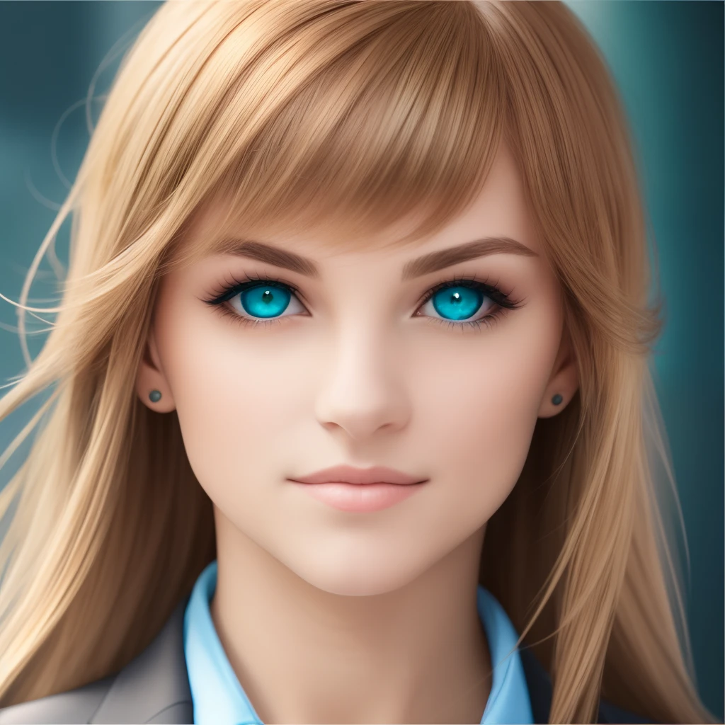 Create a series of four pictures, the first one will be a man in a blue business suit, a man with short brown hair, and green eyes, the second picture a man in a blue business suit, a man with long brown hair, and green eyes, a woman with long brown hair, wearing in a blue business jacket with a neckline, last image of a woman with blue eyes, blond hair, in a long blue dress, high detail, 8k --auto --s2