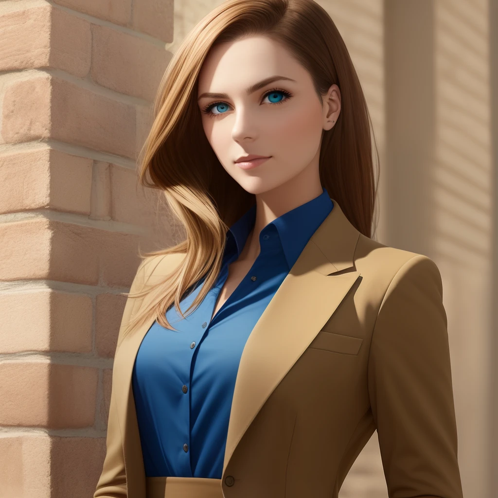 Create a series of four pictures, the first one will be a man in a blue business suit, a man with short brown hair, and green eyes, the second picture a man in a blue business suit, a man with long brown hair, and green eyes, a woman with long brown hair, wearing in a blue business jacket with a neckline, last image of a woman with blue eyes, blond hair, in a long blue dress, high detail, 8k --auto --s2