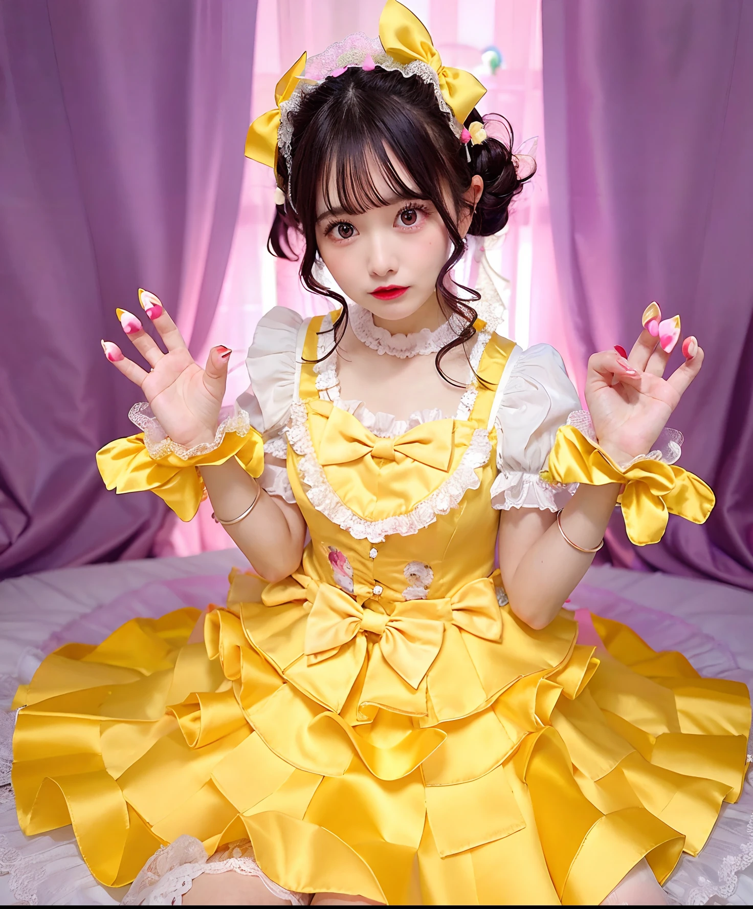 Woman in yellow satin dress posing for photo, angelic pretty, Belle Delphine, fairycore, kawaii decora rainbowcore, portrait of the magical Lolita girl, Lolita style, y 2 k cutecore clowncore, cutecore, Lolita Fashion, by Ayami Kojima, kinomoto sakura, Satin costume with frills, Lori, juri misaki